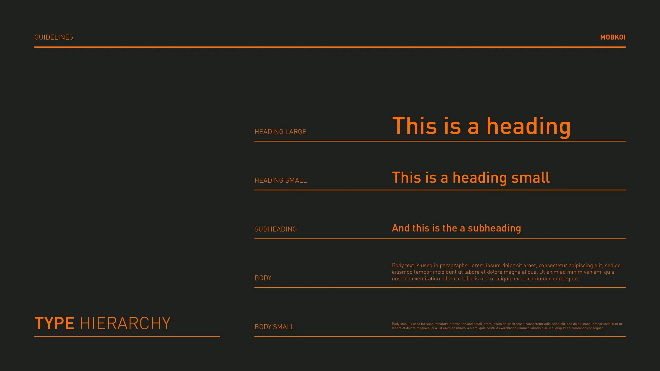 A dark-themed infographic illustrating typographic hierarchy with orange text and lines. It features sections on guidelines, headings of various sizes, subheadings, body text, and small body text, all demonstrating different font sizes and styles for