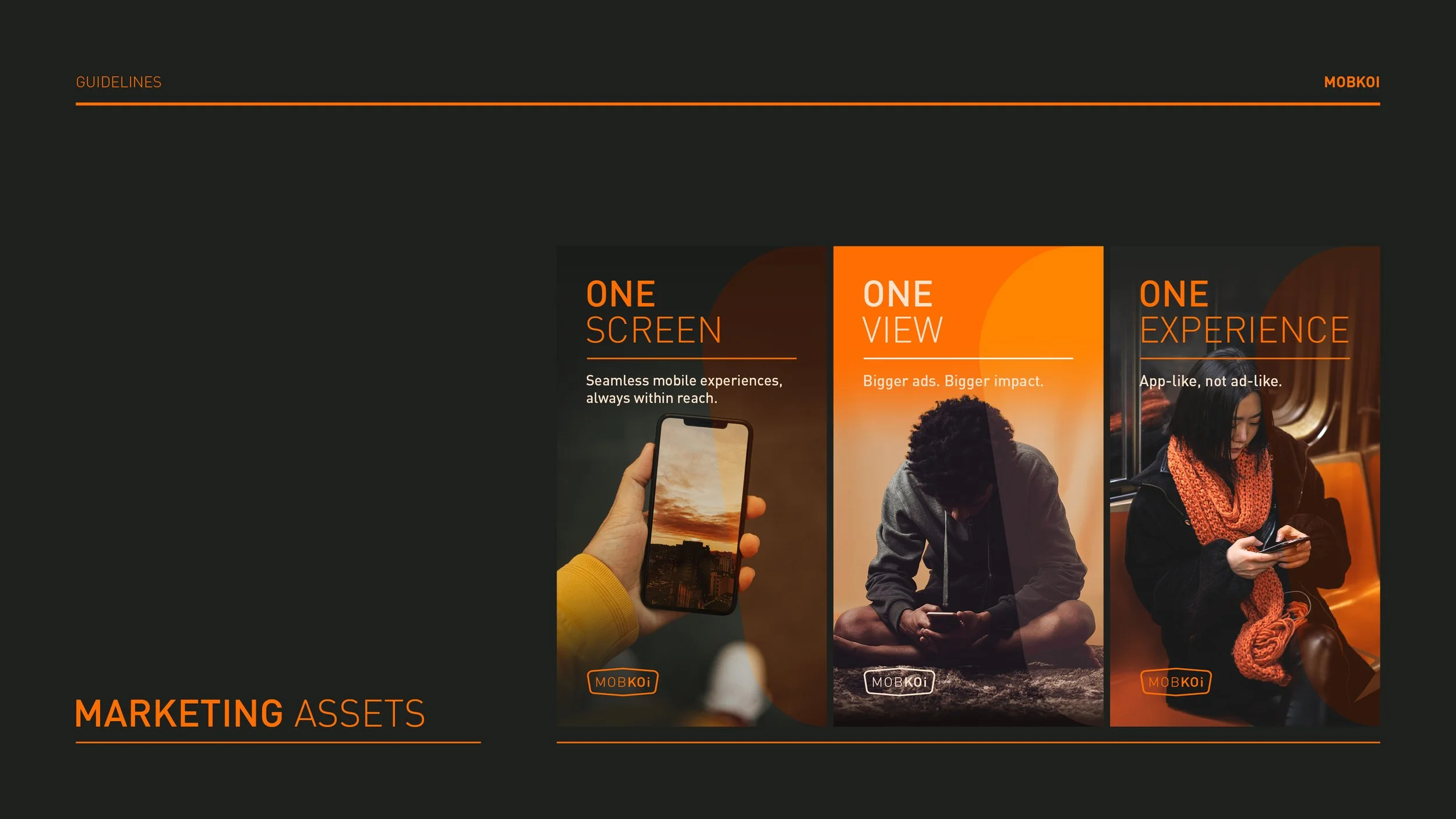 Slide titled "Marketing Assets" with three sections: "One Screen" showing a hand holding a smartphone with a sunset scene, "One View" illustrating a person sitting cross-legged and looking at a phone, and "One Experience" depicting a woman in a red s