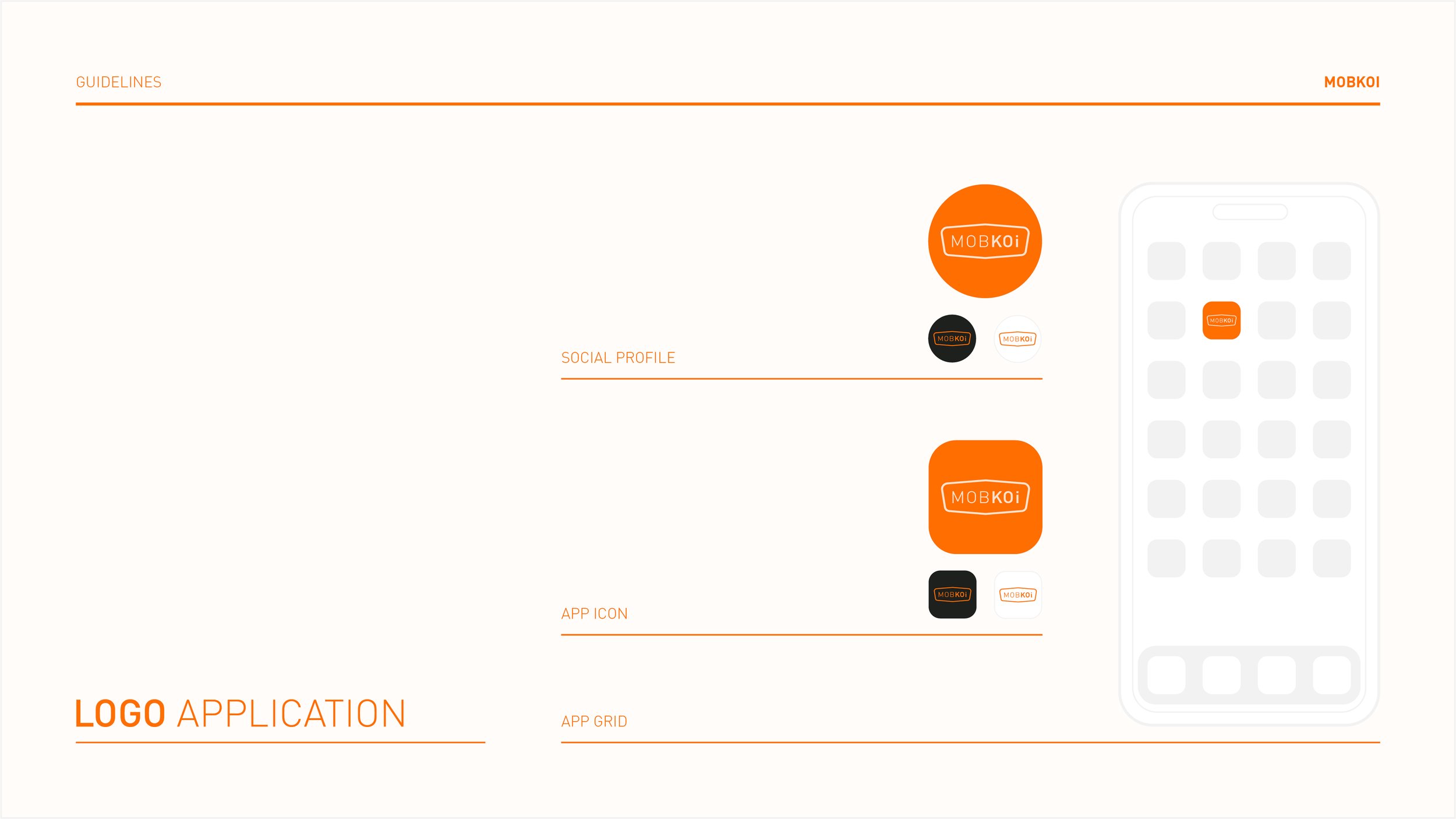Guidelines for applying the MOBKOI logo, including social profile icons, app icon, and app grid layout, with a white background and orange accents.