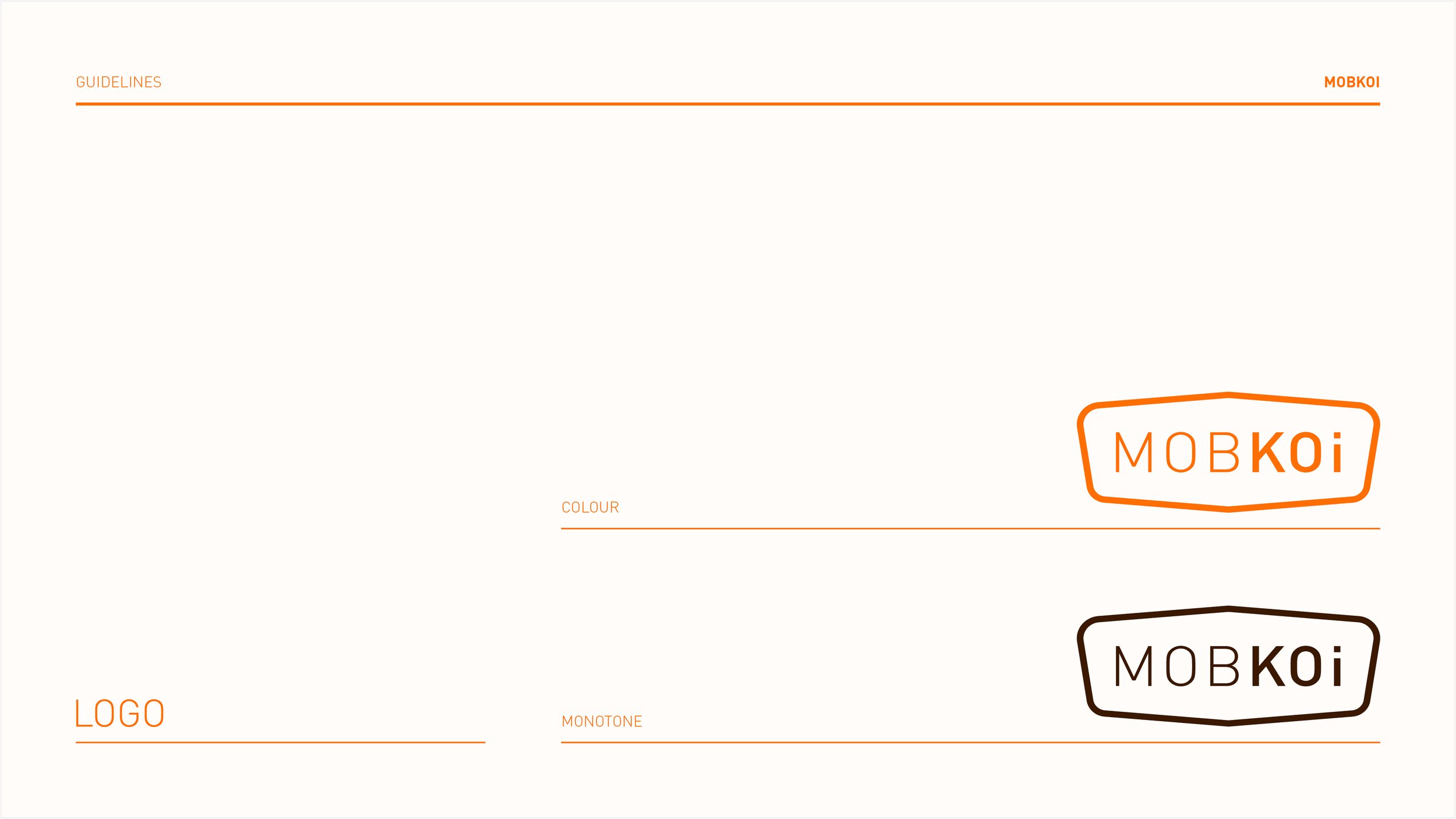 Design guidelines layout with the logo 'MOBKOI' in orange and black, including sections labeled 'Guidelines,' 'Color,' 'Mono Tone,' and 'Logo'.