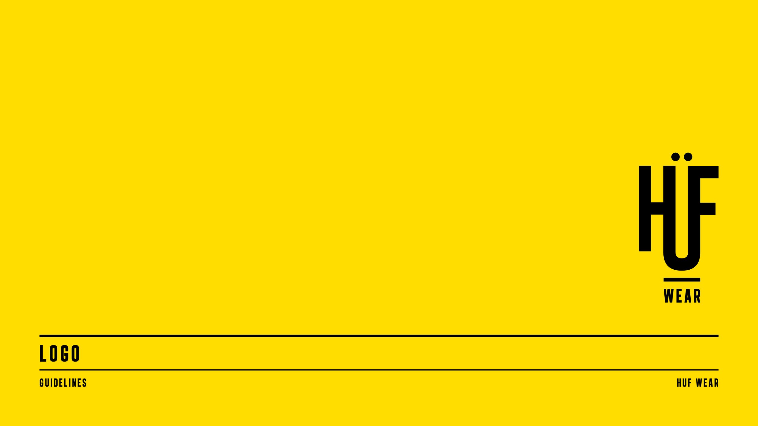 Yellow background with the HUF logo and guidelines for HUF wear, featuring black text and lines.