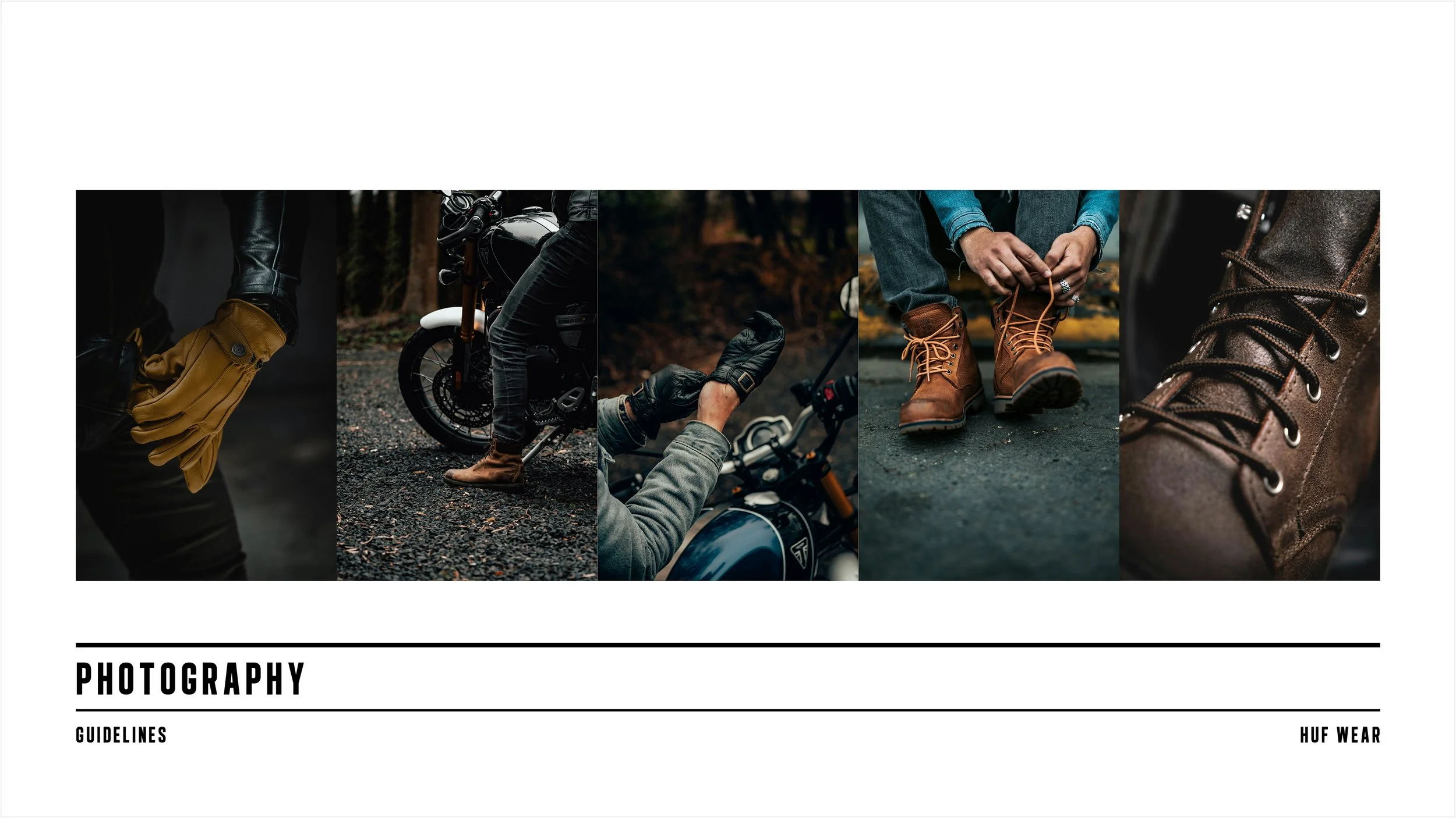 Collage of close-up photos of various outdoor footwear, including gloves, motorcycle boots, riding gloves, hiking boots, and lace-up boots, with text emphasizing photography guidelines and outdoor wear.