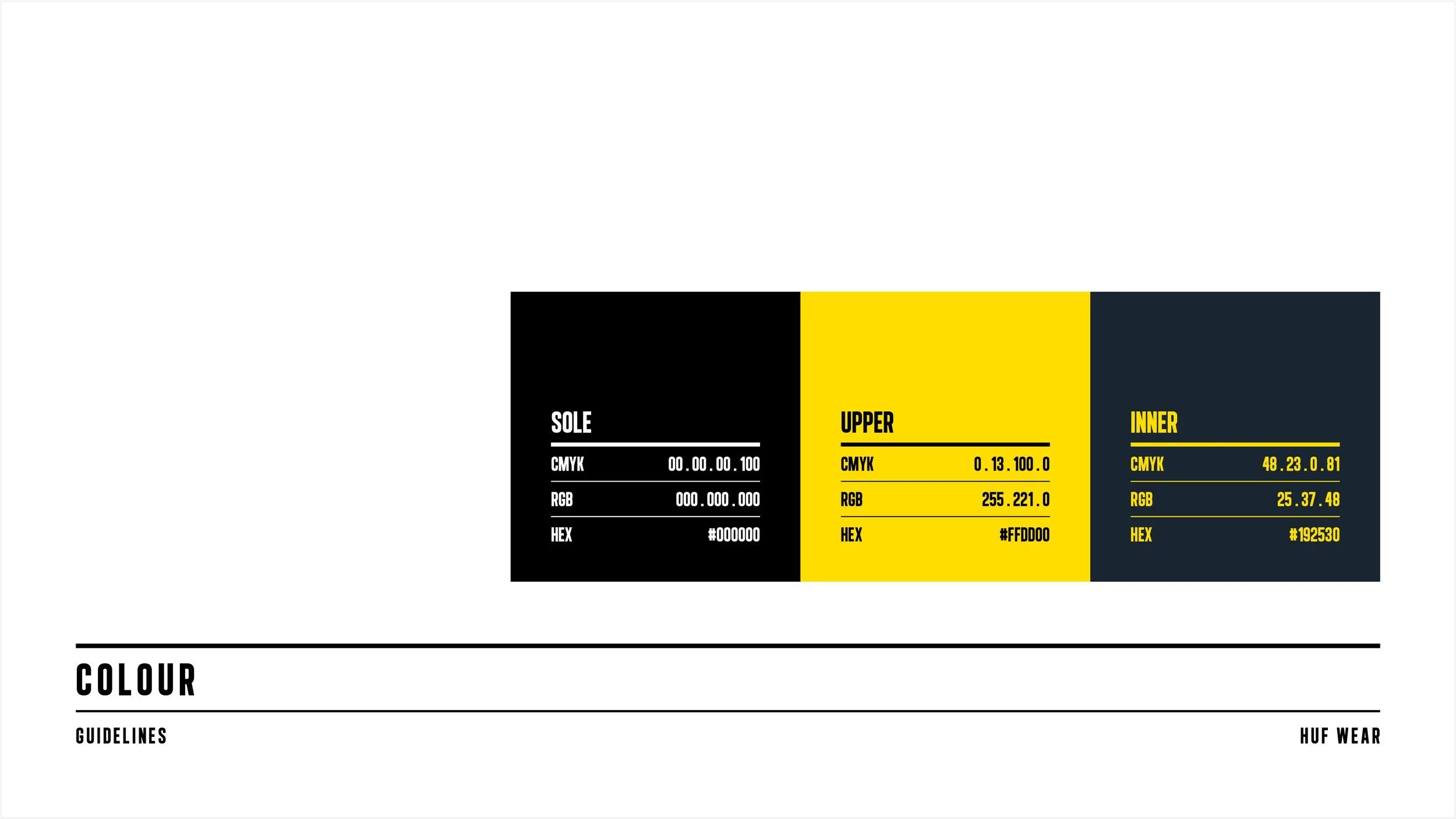Color palette chart with three sections labeled Sole, Upper, and Inner, each showing CMYK, RGB, and HEX color codes in black, yellow, and dark gray sections.
