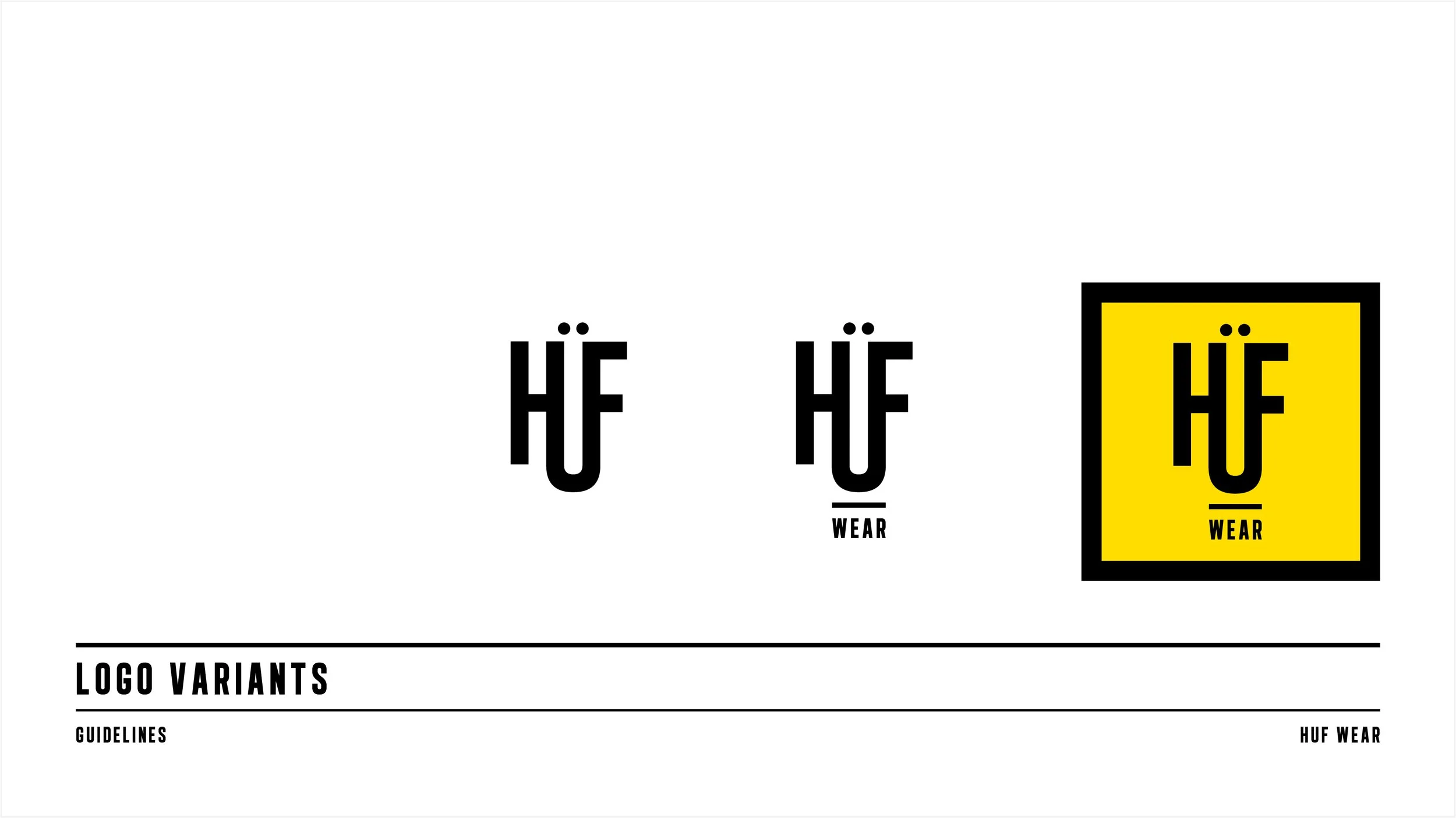 Design guidelines for HUF brand logo variations, showing three different logo styles with text 'HUF' and 'WEAR'; one with a white background, one with a small black underline, and one with a yellow background and black border.