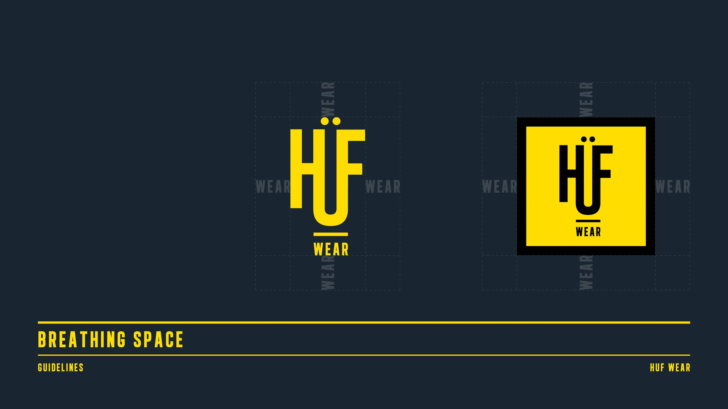 Graphic design showing two variations of a logo for HUF Wear, a streetwear brand. The first logo features bold yellow 'HUF' lettering with a smaller 'wear' underneath, with design guidelines in yellow at the bottom. The second logo shows the same des