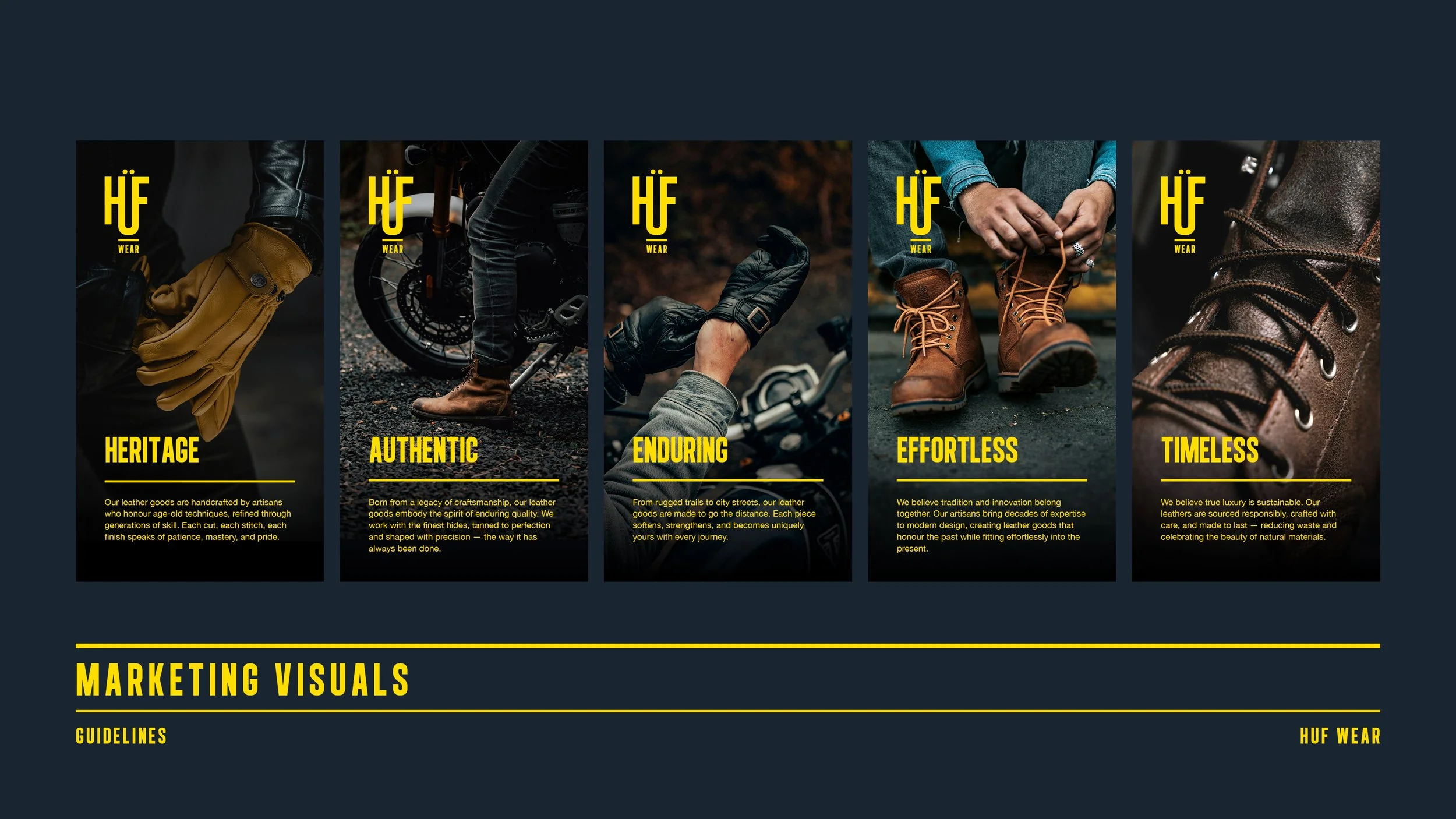 Marketing visual showcasing five different types of footwear with descriptions: heritage leather gloves, authentic leather shoes, enduring rugged trail shoes, effortless modern boots, and timeless luxurious leather shoes, all branded HUF Wear.