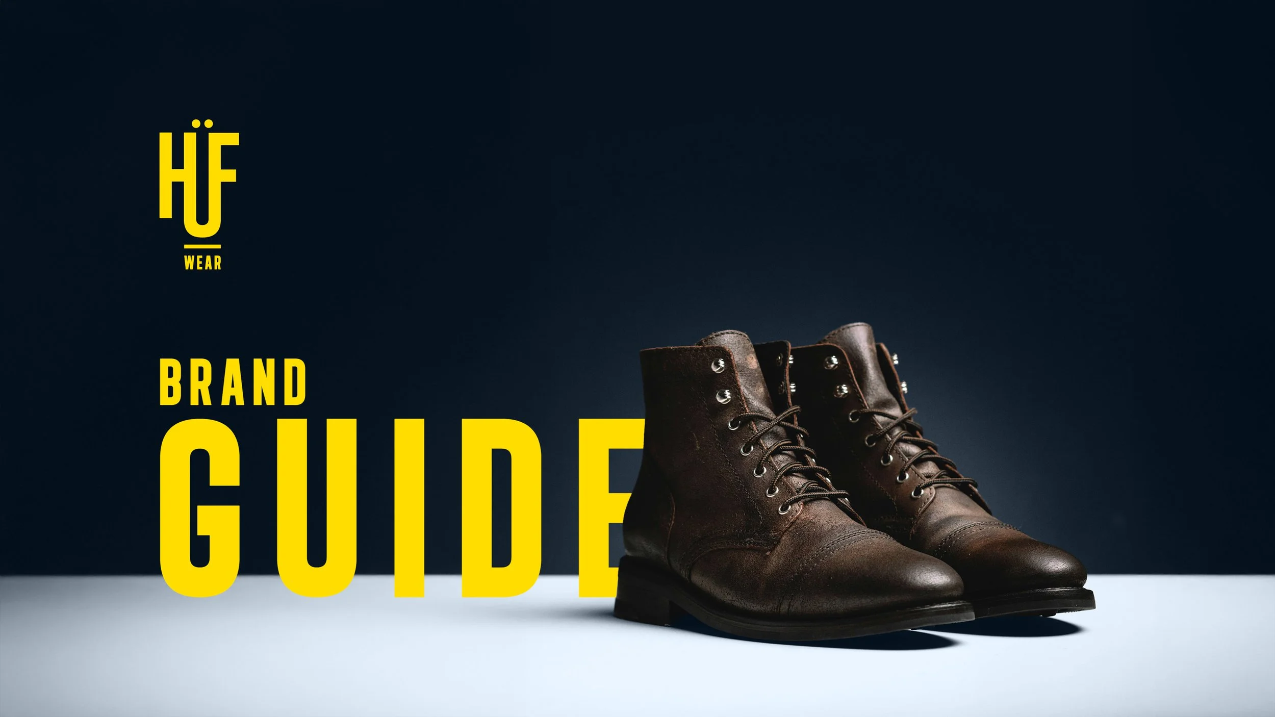 A pair of dark brown leather boots on a white surface with a dark background, and yellow text reading 'HF Wear Brand Guide'. 