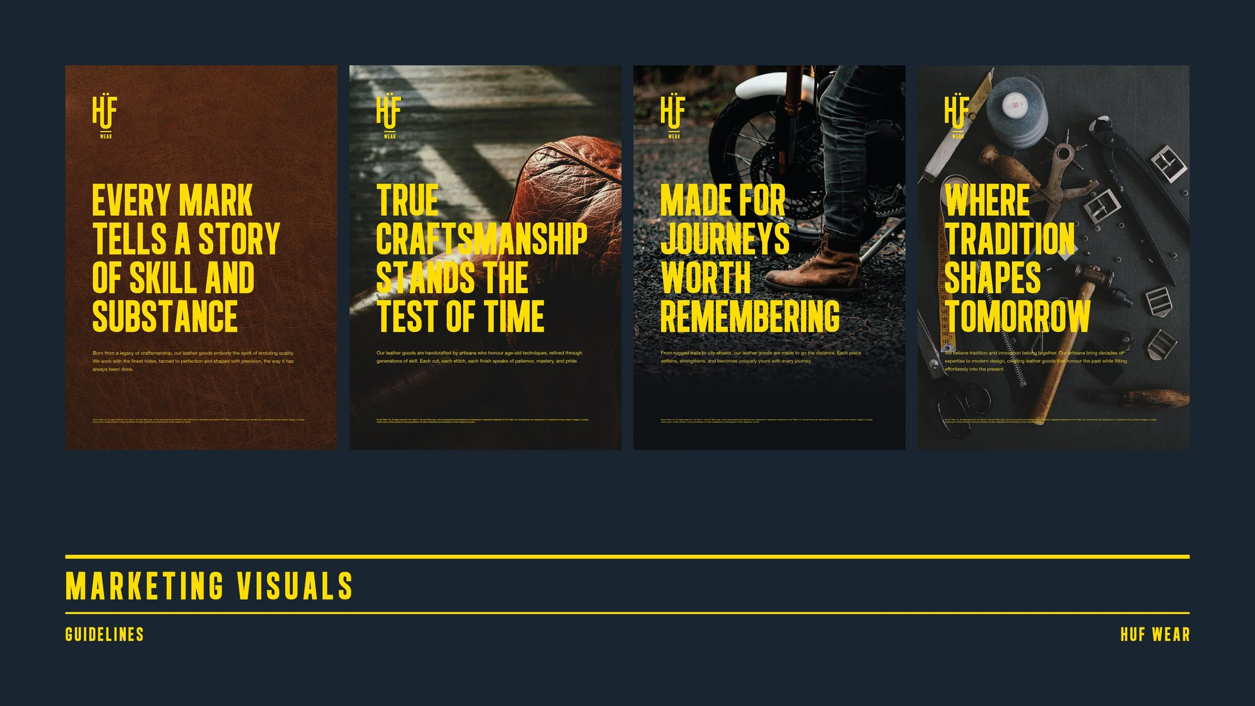 Four marketing visuals with bold yellow text on dark backgrounds. The first features leather craftsmanship, the second a leather ball, the third a person on a bike, and the fourth leather tools. Titles include 'Every mark tells a story of skill and s