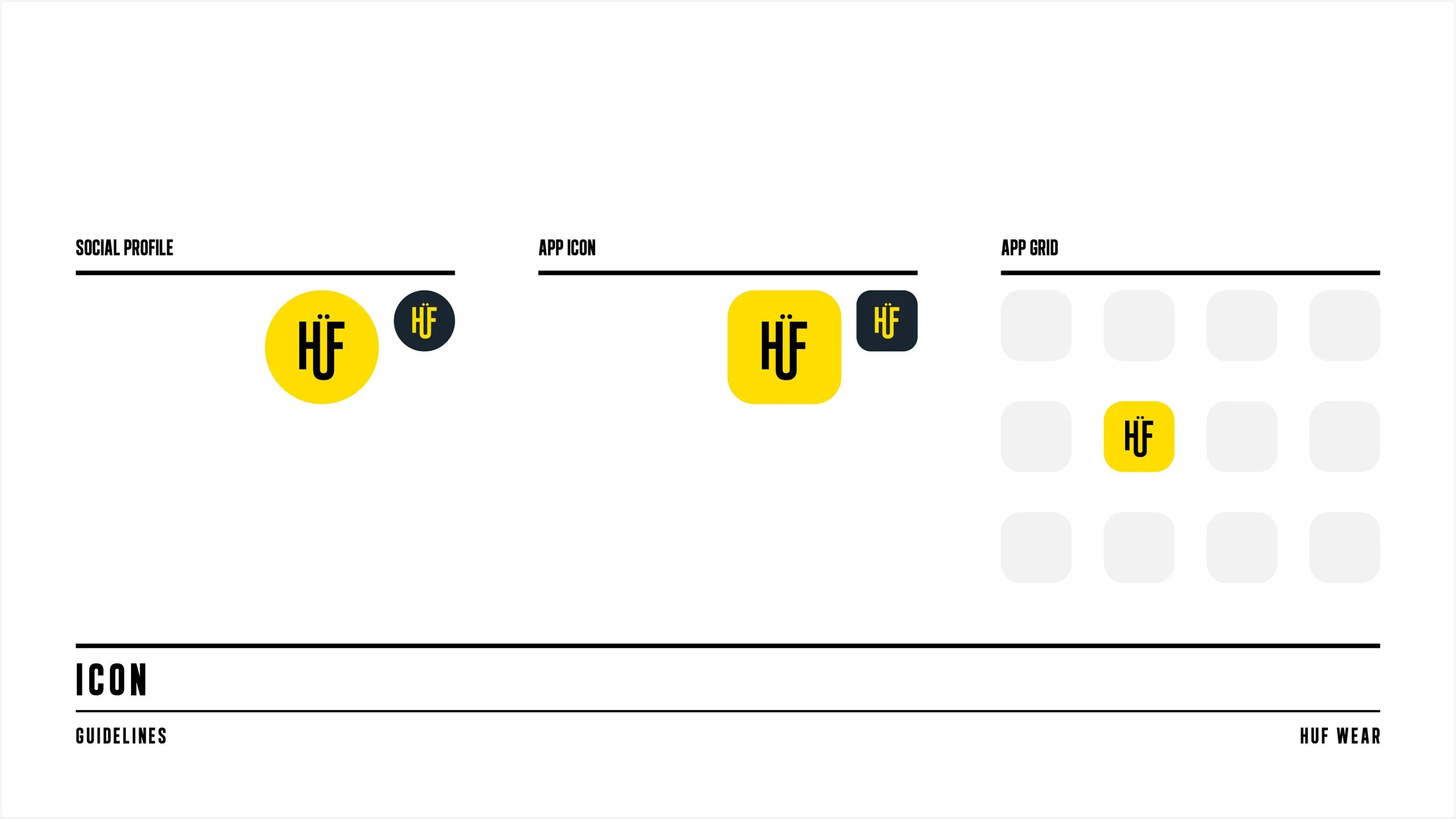 Design schematic with sections for social profile, app icon, app grid, and icon guidelines. Features yellow and black logo elements labeled HF, with diagrams illustrating their placement and sizing.