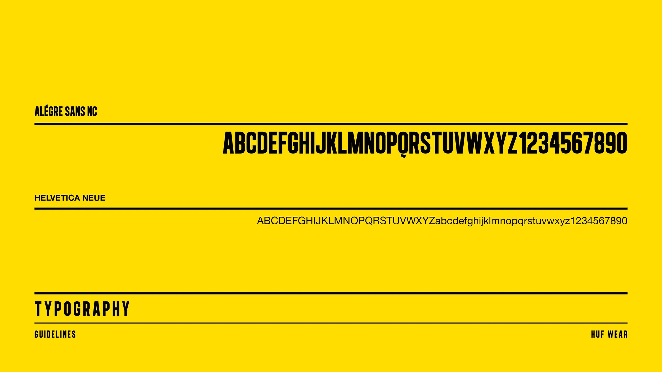 Image displaying different fonts with a yellow background. The fonts are ALÉGRE SANS NC, HELVETICA NEUE, and the third is a smaller, serif font showing the alphabet, numbers, and guidelines for typography.