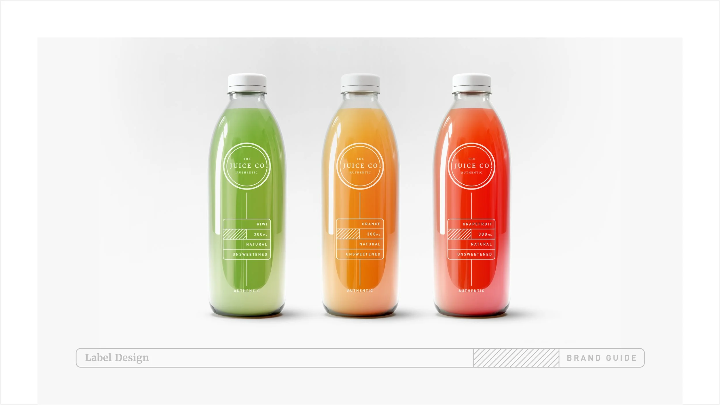 Three bottles of juice labeled kiwi, orange, and grapefruit, shown on a plain white background with a label design and brand guide section below.