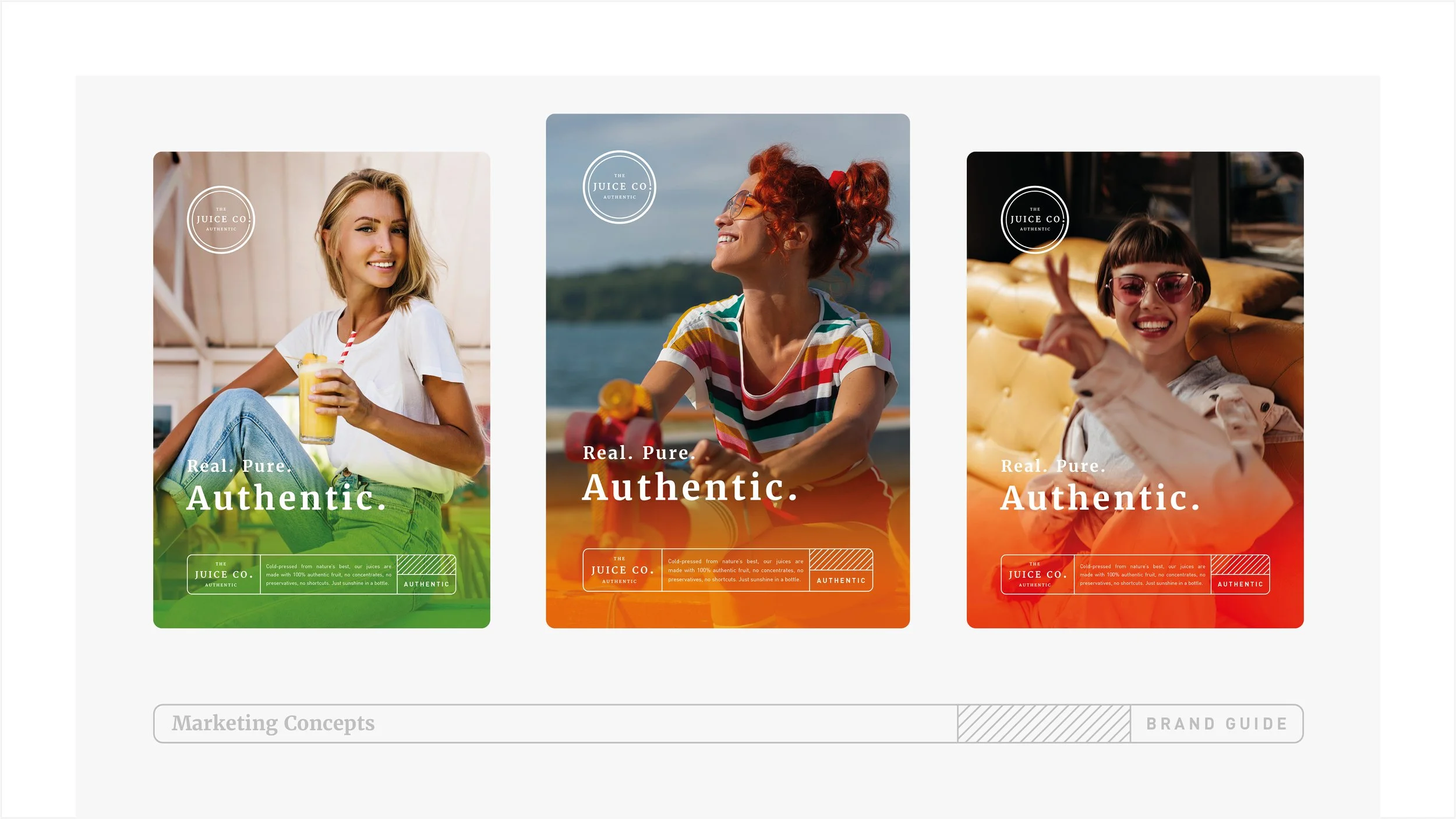 Three promotional posters for The Juice Co., each featuring a smiling woman. The first woman has blonde hair, is holding a yellow drink, and is sitting outdoors. The second woman has red curly hair, is wearing a striped shirt, and is on a boat. The t