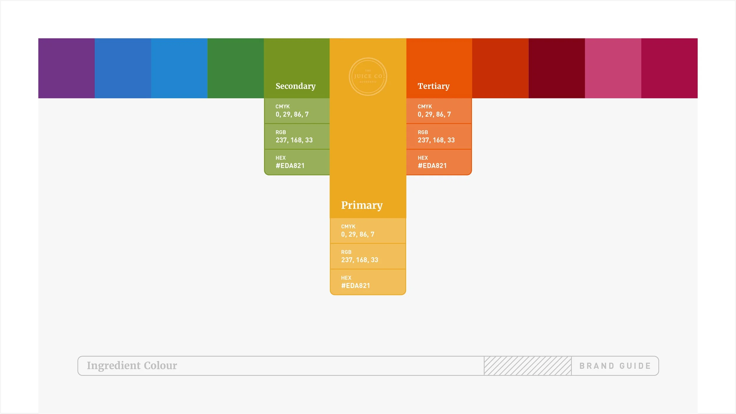 Color palette diagram with primary, secondary, tertiary, and other colors, showing CMYK, RGB, and HEX values for each color.