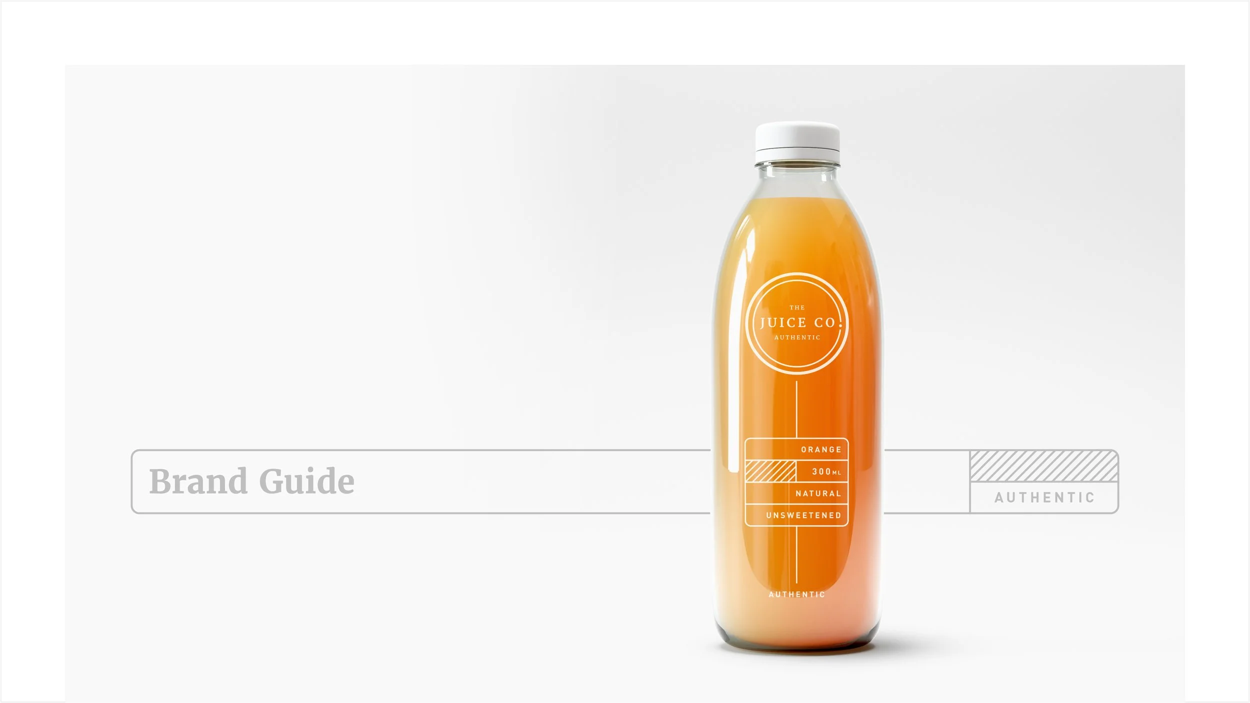 A bottle of orange juice labeled as 'The Juice Co. Authentic,' with details indicating it contains 300ml of natural, unsweetened, orange juice.