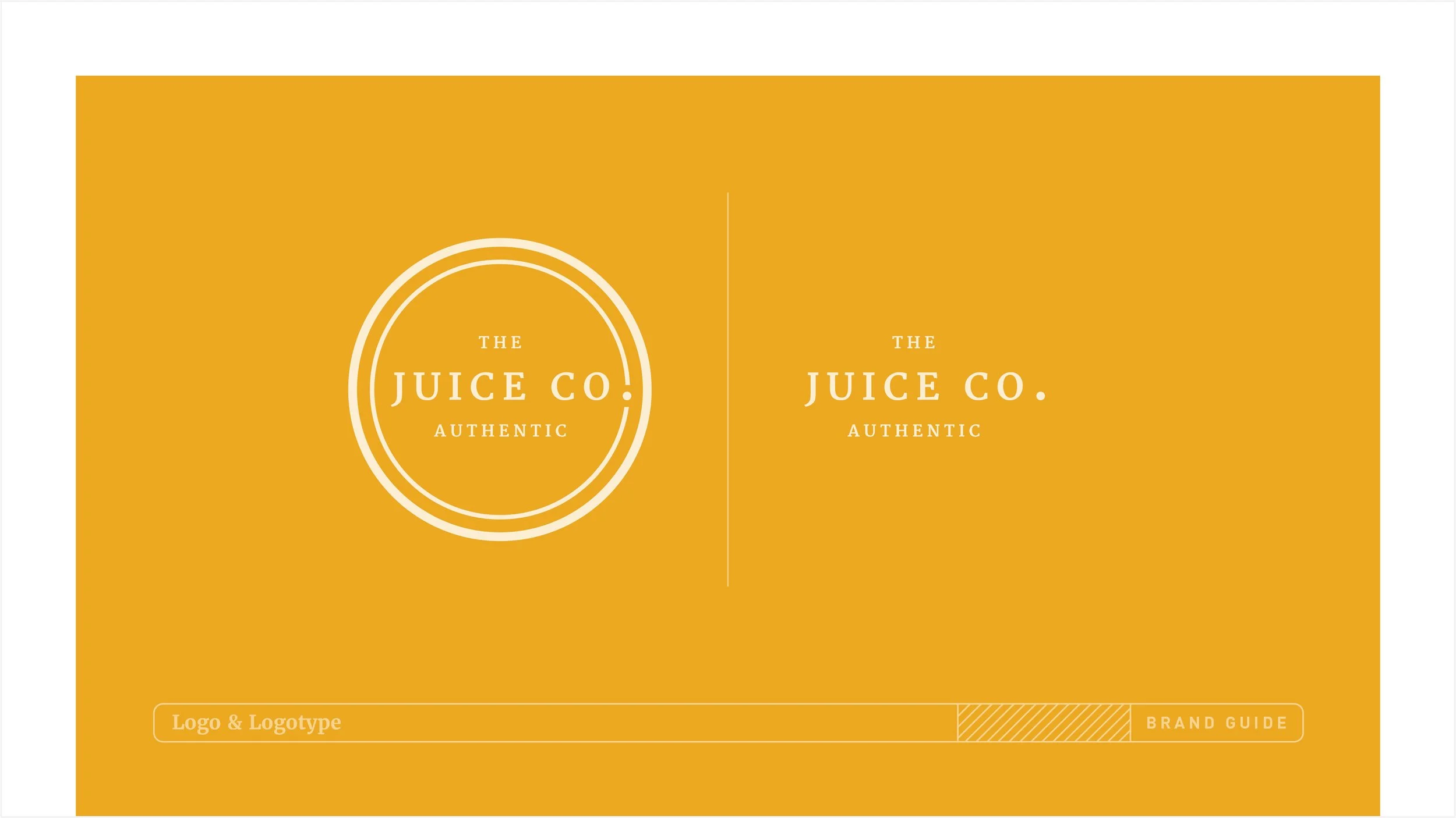 Brand guide for The Juice Co., featuring logo and logotype on a yellow background.
