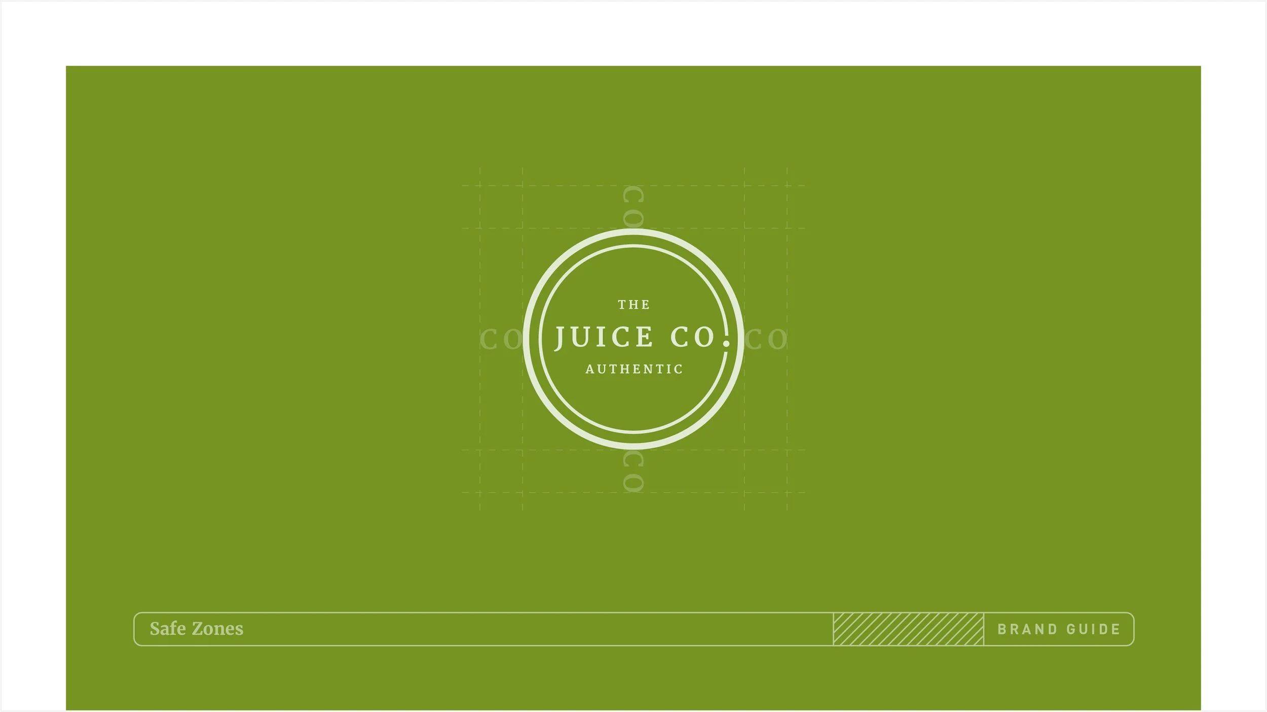 Green brand guide cover for Juice Co with the company's logo and the text 'The Juice Co. Authentic' in the center, and 'Safe Zones' and 'Brand Guide' labels at the bottom.