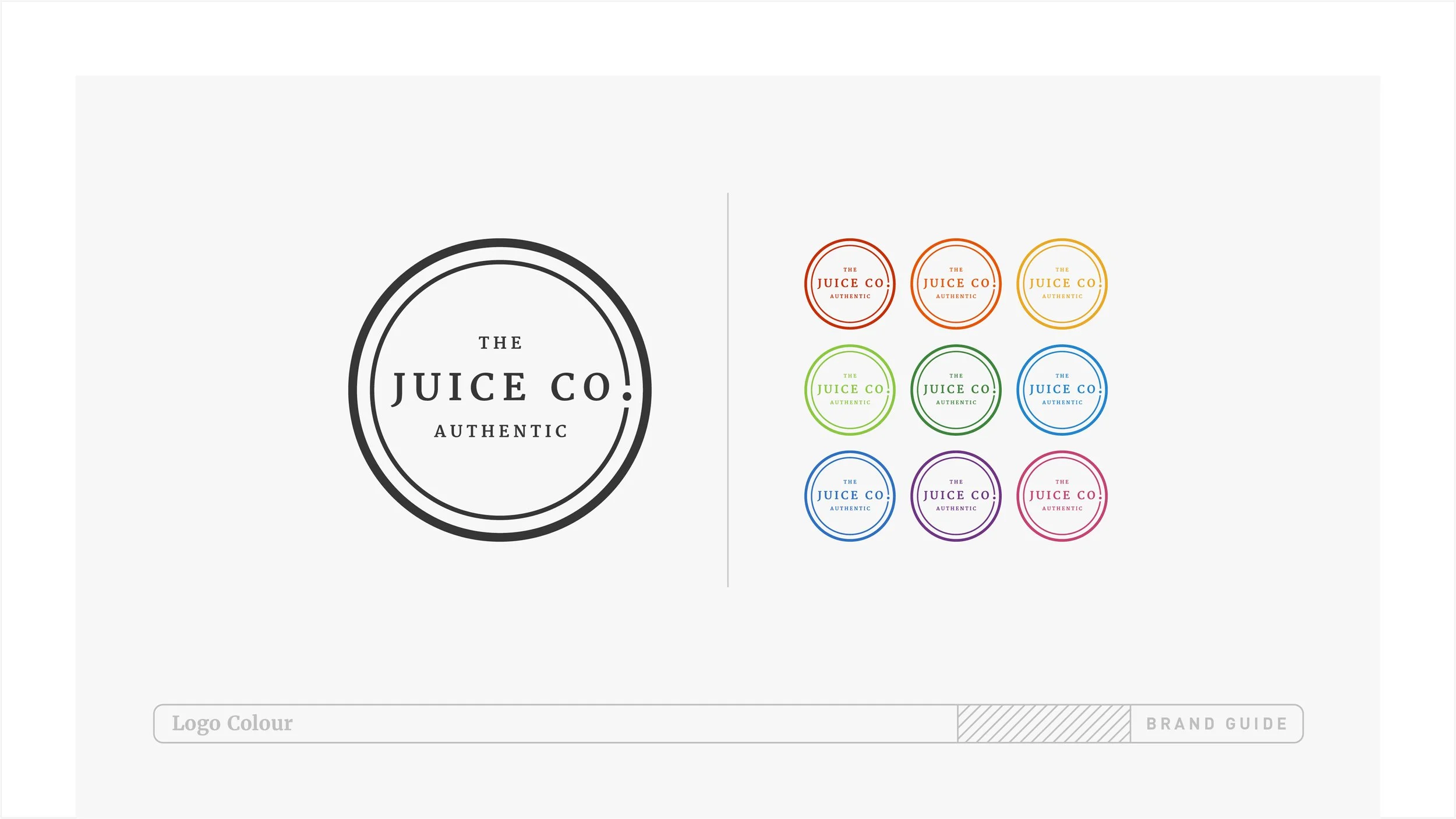 Multiple circular logo designs for The Juice Co. in various colors including red, orange, yellow, green, blue, purple, and pink, with the words 'The Juice Co. Authentic' inside each circle.