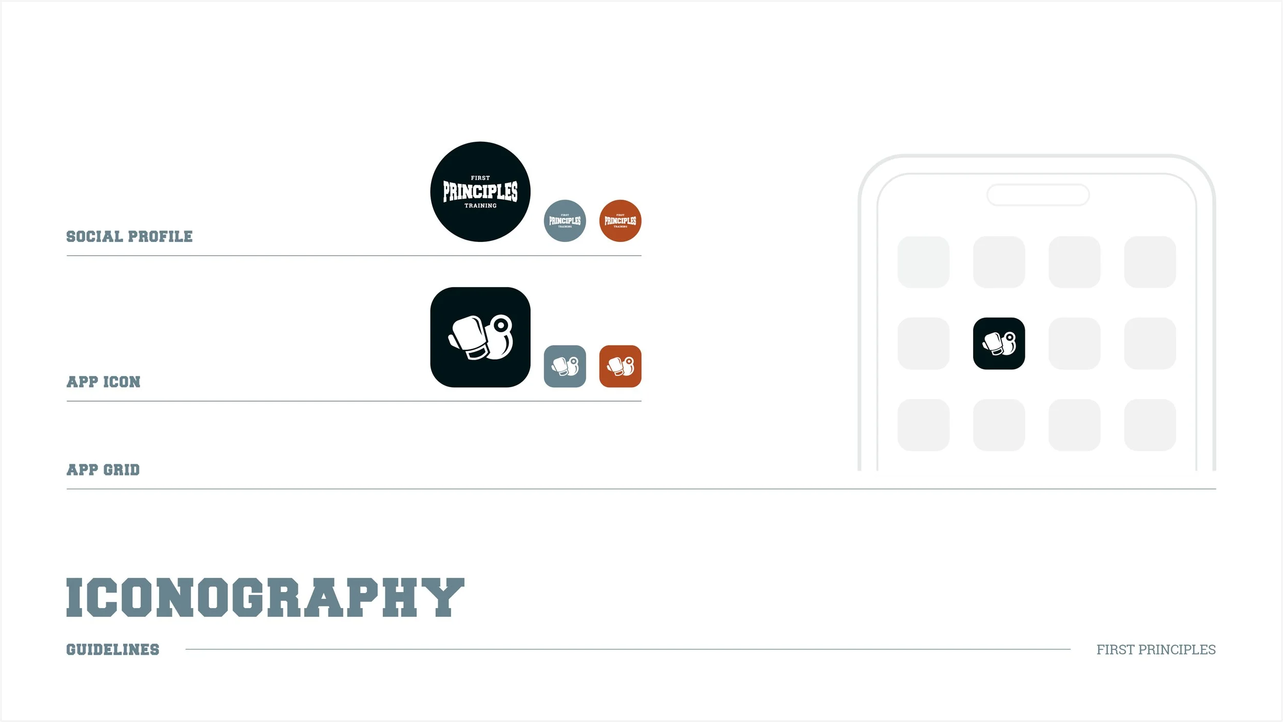 An infographic demonstrating app icon design guidelines for the First Principles Training app, featuring the app's logo, social profile icons, and grid layout.