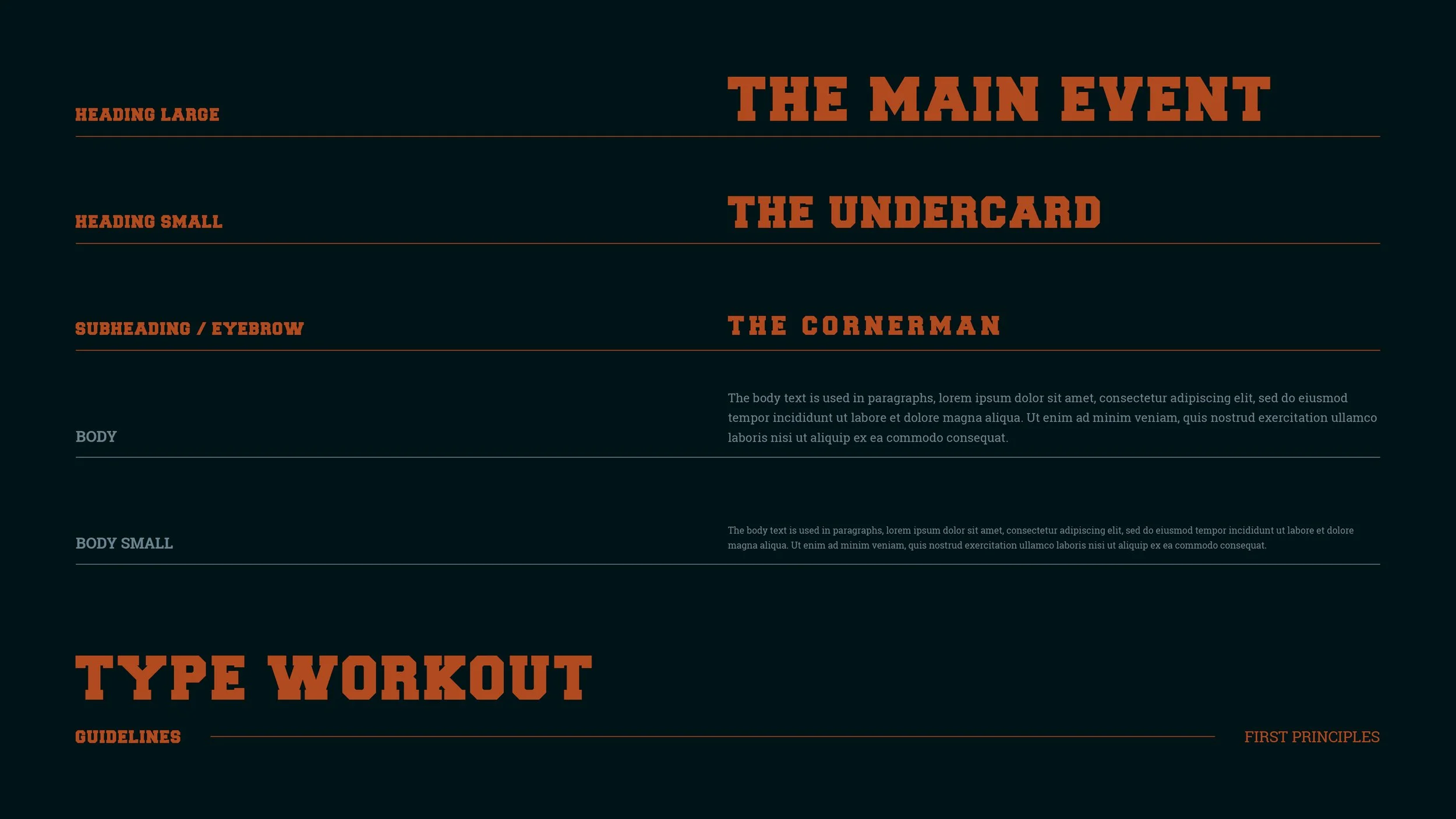A dark-themed infographic with orange and blue text, showing headings such as 'The Main Event,' 'The Undercard,' 'The Cornerman,' and 'Type Workout,' along with placeholder paragraph text.