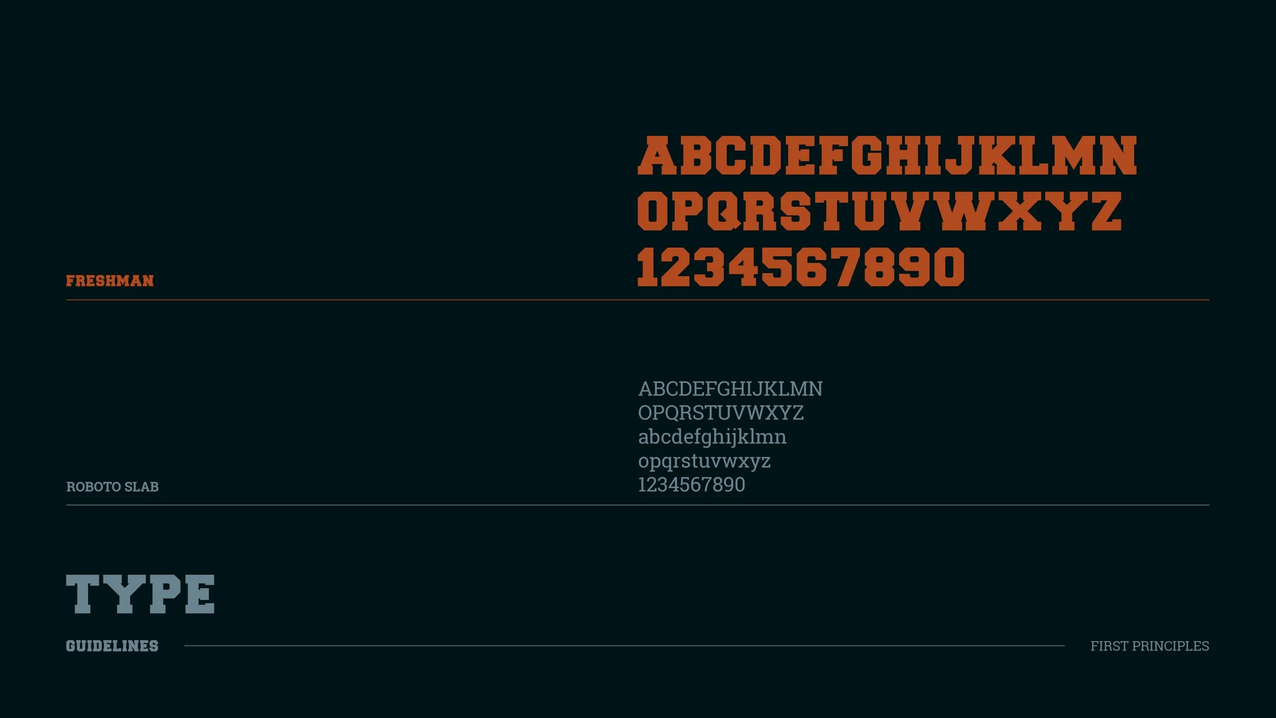 Typography sample display with uppercase alphabet, numbers, and font names 'FRESHMAN' and 'ROBOT SLAB', on a dark background.