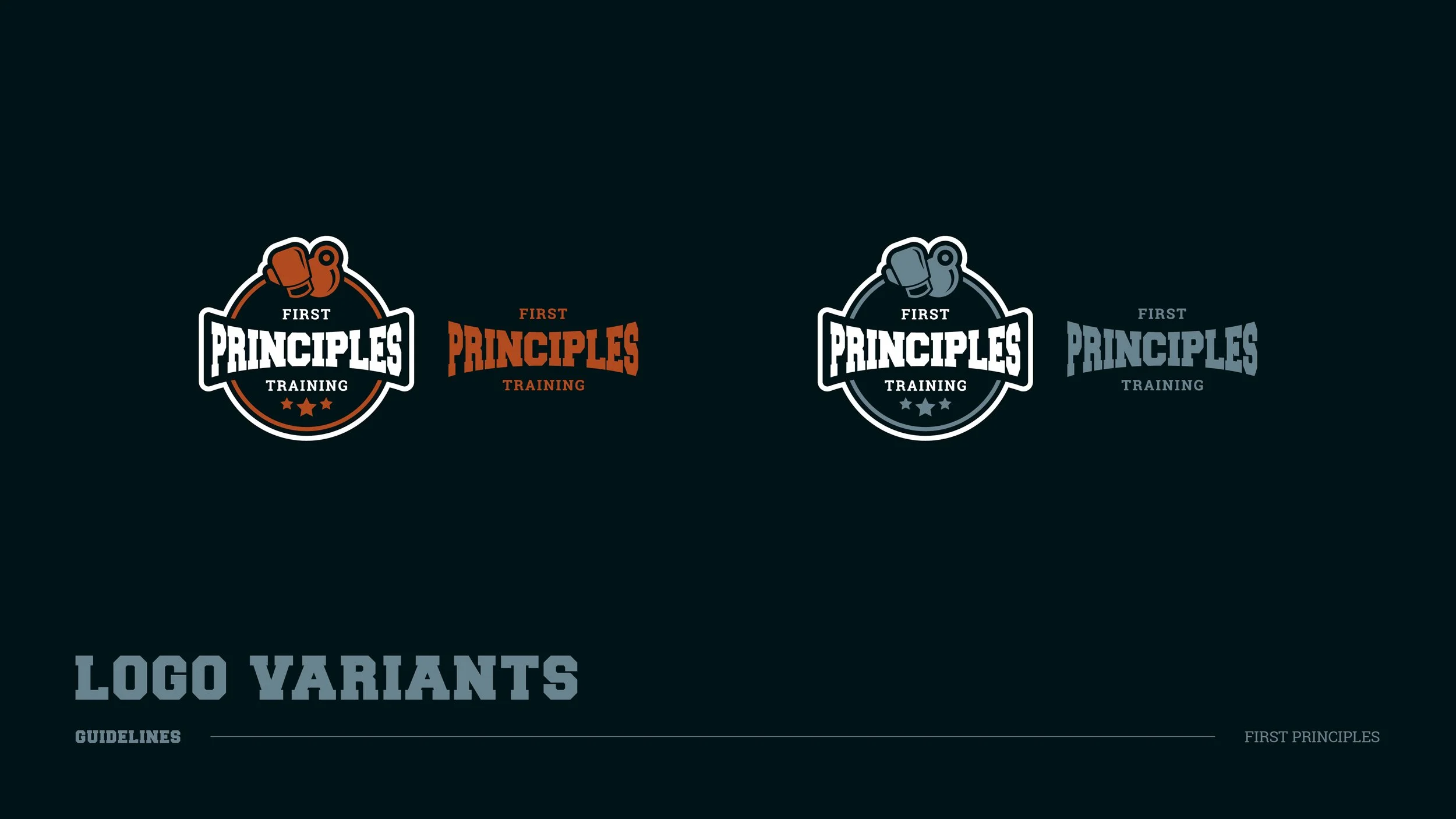 Comparison of different logo variants for 'First Principles Training,' including one with a boxing glove icon in a shield, with different color schemes and font styles on a dark background.
