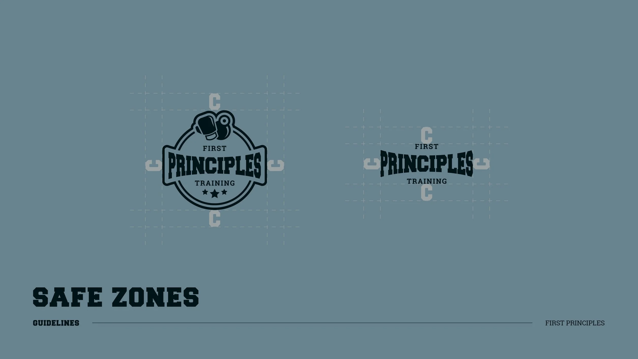 A blueprint or design layout for a training gym, featuring two logos labeled 'First Principles Training' with one including a pair of boxing gloves. The background is blue-gray, and the bottom left has the text 'Safe Zones Guidelines' and the bottom 