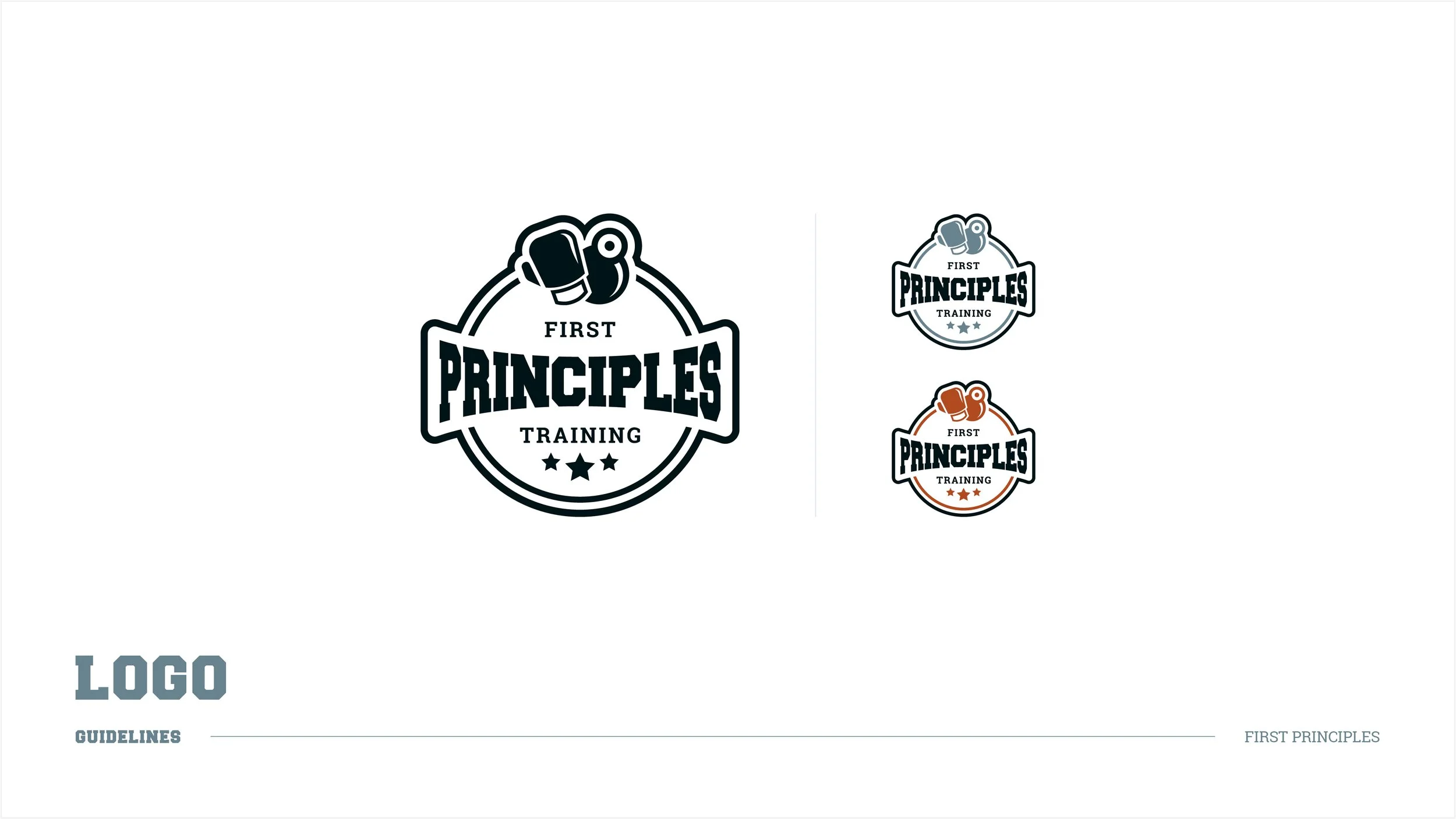 Three logo designs for 'First Principles Training' with a boxing glove icon, available in black and white, and black with orange accents.