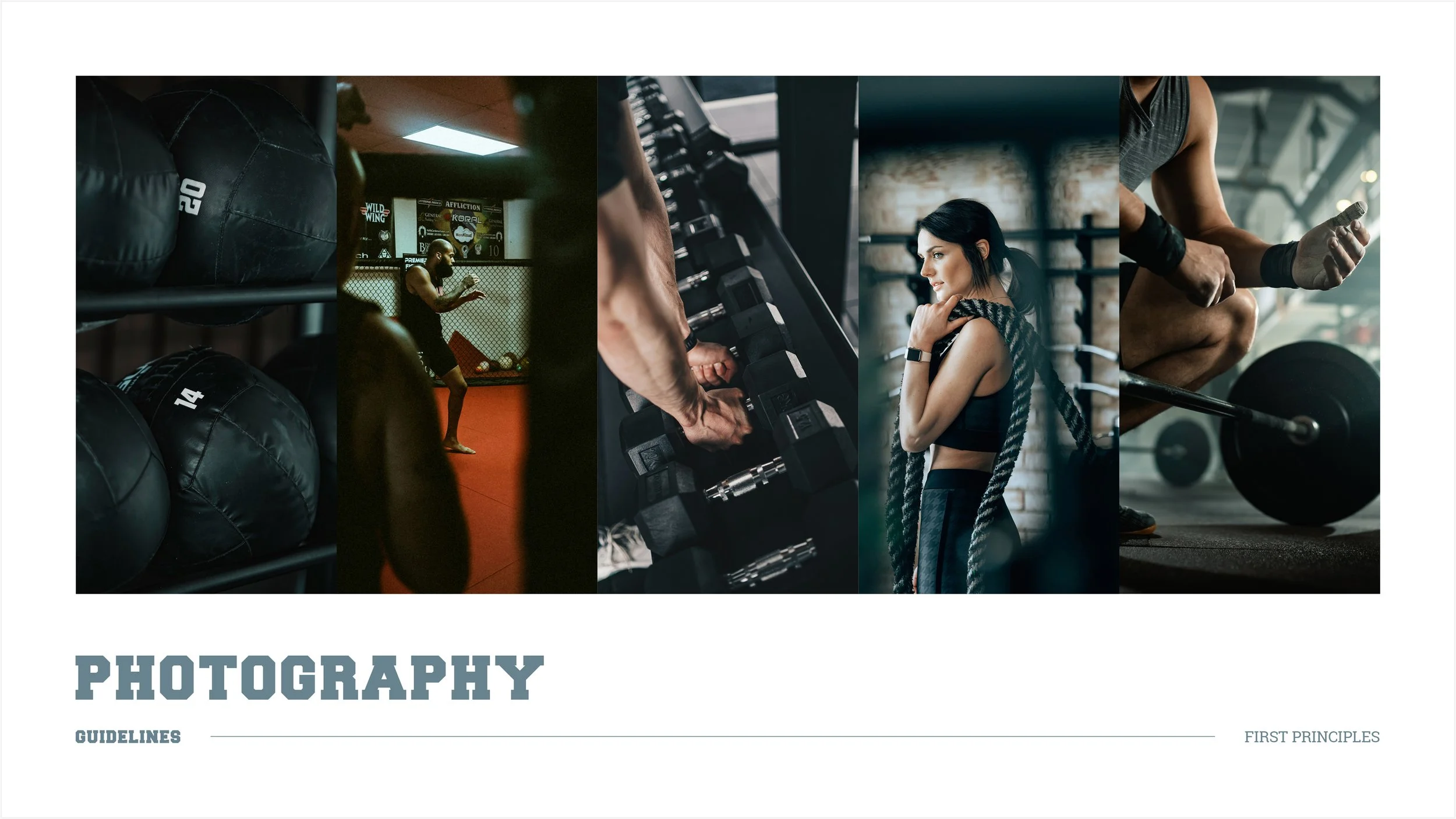 A collage of five images related to fitness and training. The first shows black medicine balls with weight numbers. The second depicts a woman in a gym training in a cage. The third displays a close-up of a hand adjusting dumbbells on a rack. The fou