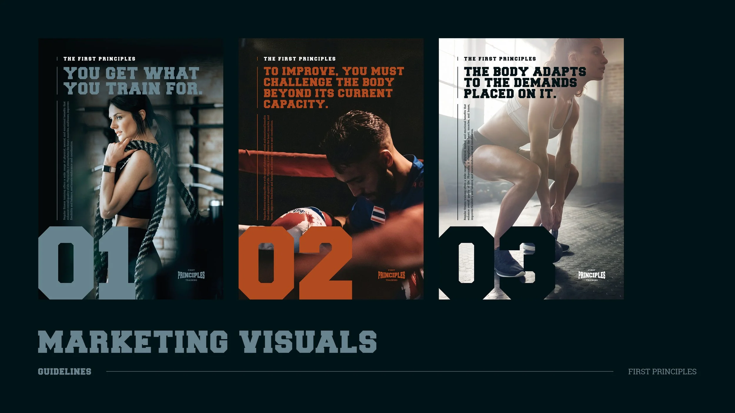 Three fitness training posters featuring women and men exercising and lifting weights, numbered 01, 02, and 03, with motivational text on a dark background.