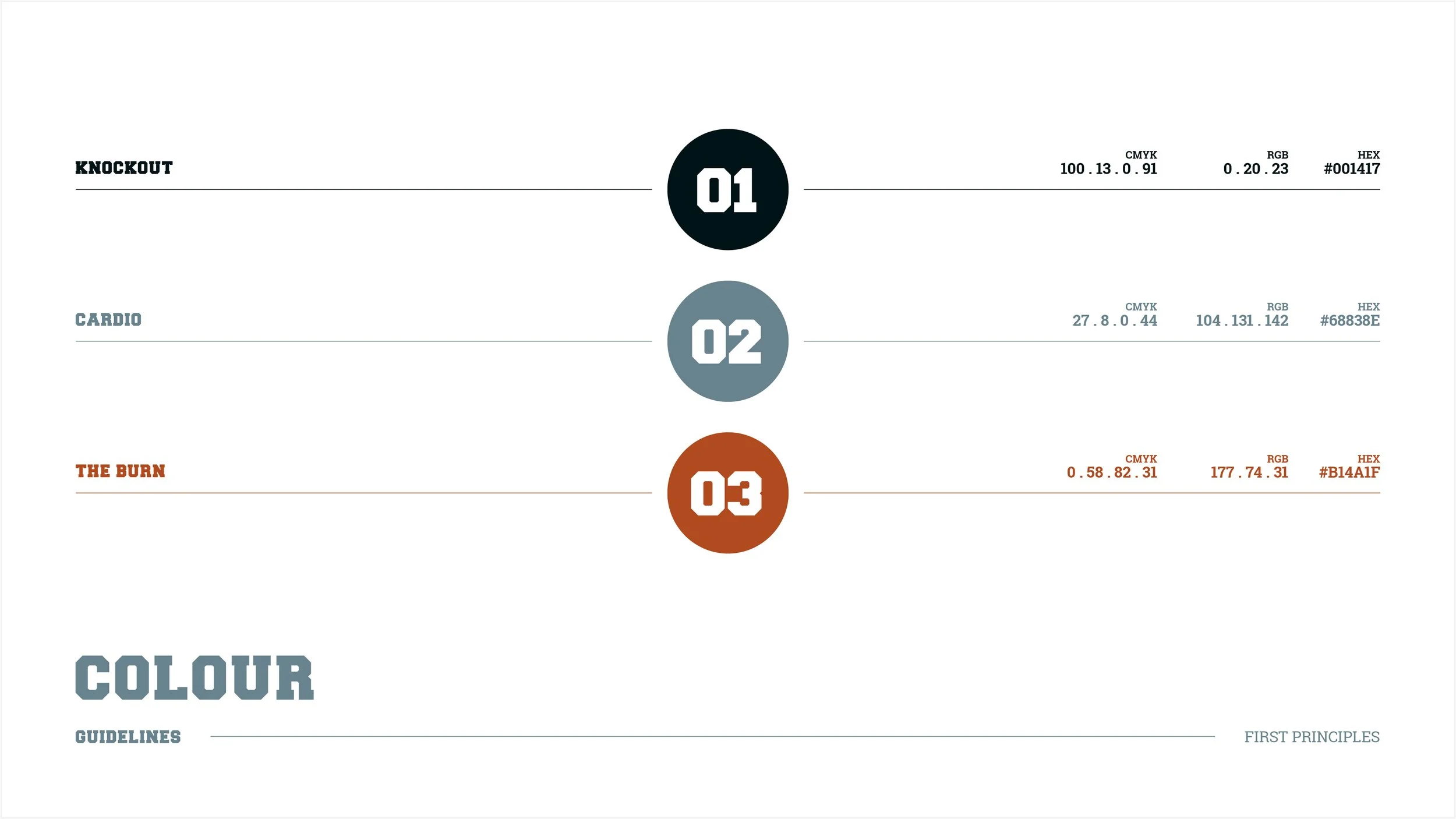 Design layout with three sections: 1. Knockout in black, 2. Cardio in gray, 3. The Burn in brown, each with a large numbered circle, color codes, and hexadecimal color values, along with a ‘Colour’ header and guidelines mention.