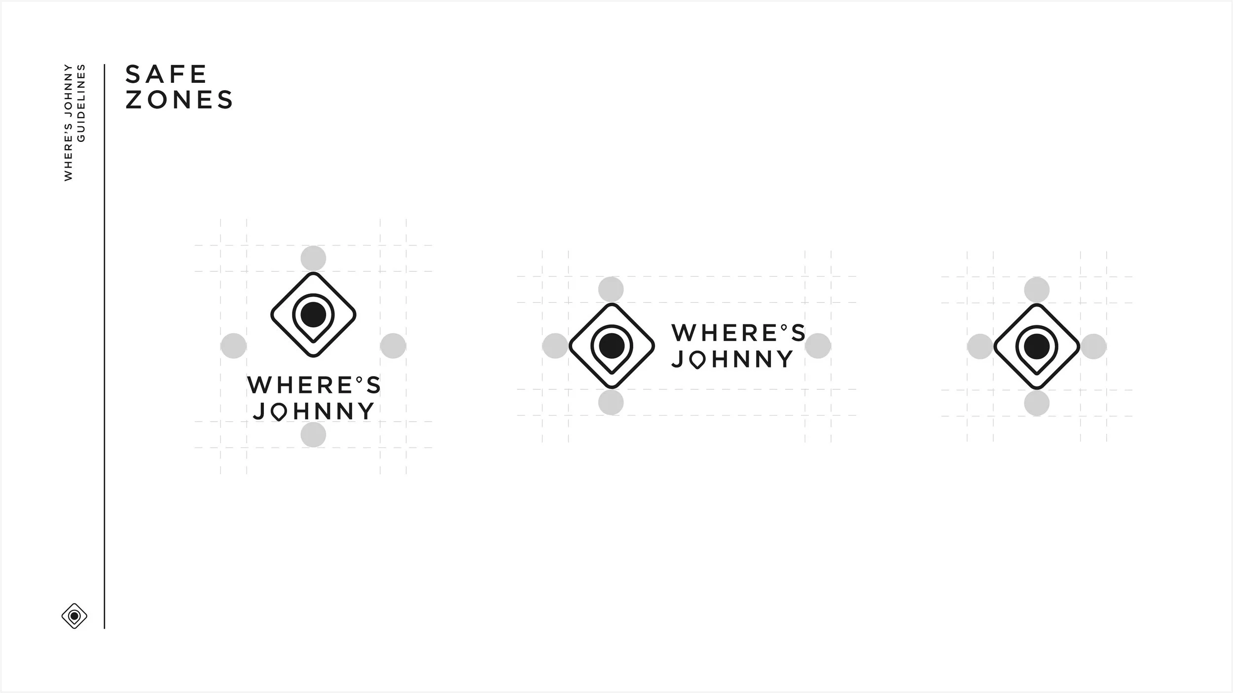 A design titled 'Safe Zones' with three symbols, each featuring a black circle within a diamond shape, accompanied by the text 'WHERE’S JOHNNY' underneath each symbol. The left symbol is labeled 'WHERE’S JOHNNY,' the middle 'WHERE’S JOHNNY,' and the 