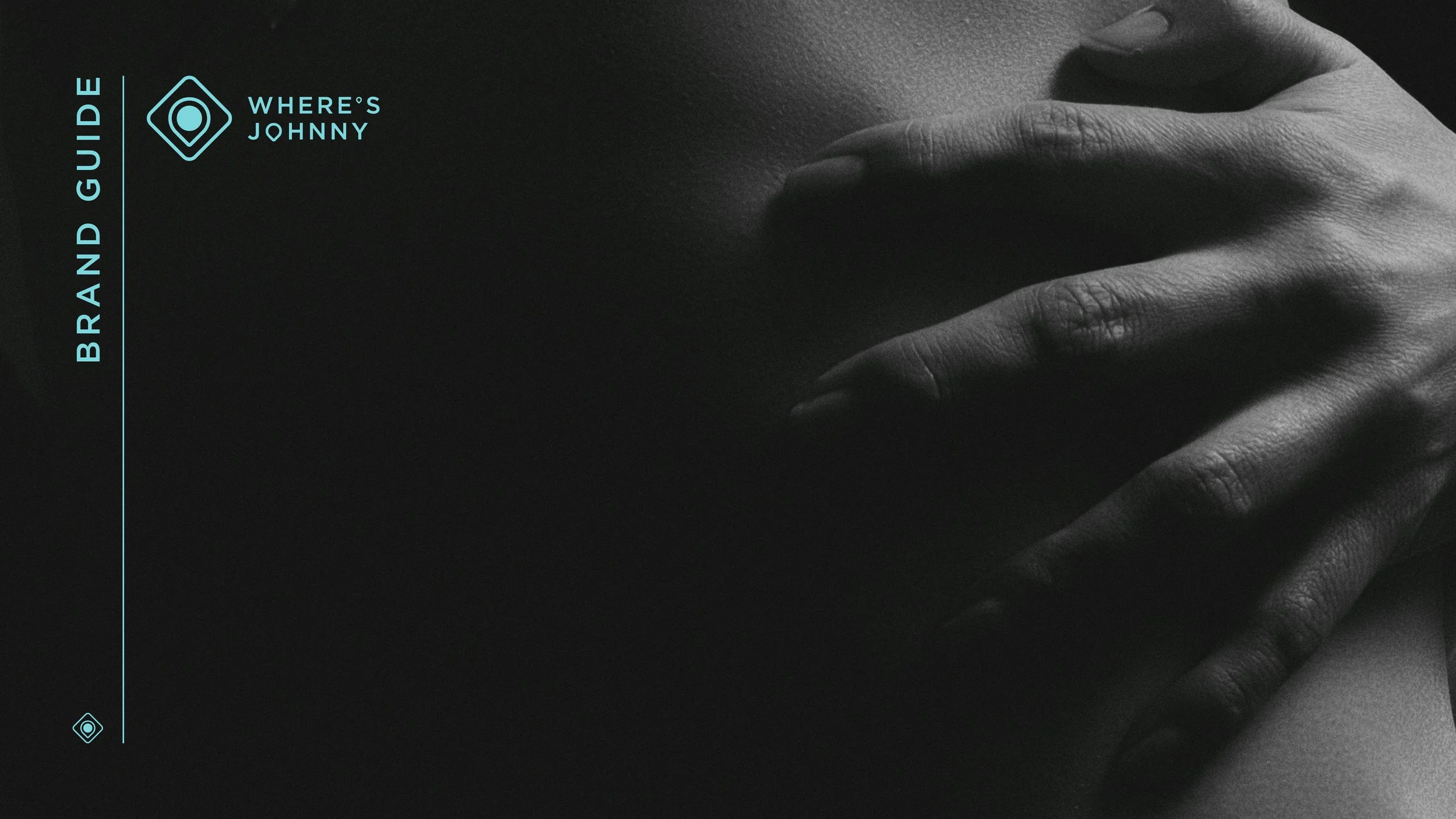 Black and white close-up of a person's hand resting on their stomach, with the fingers slightly bent. There is text on the left side that says "BRAND GUID" and "WHERE'S JOHNNY", along with a small logo.