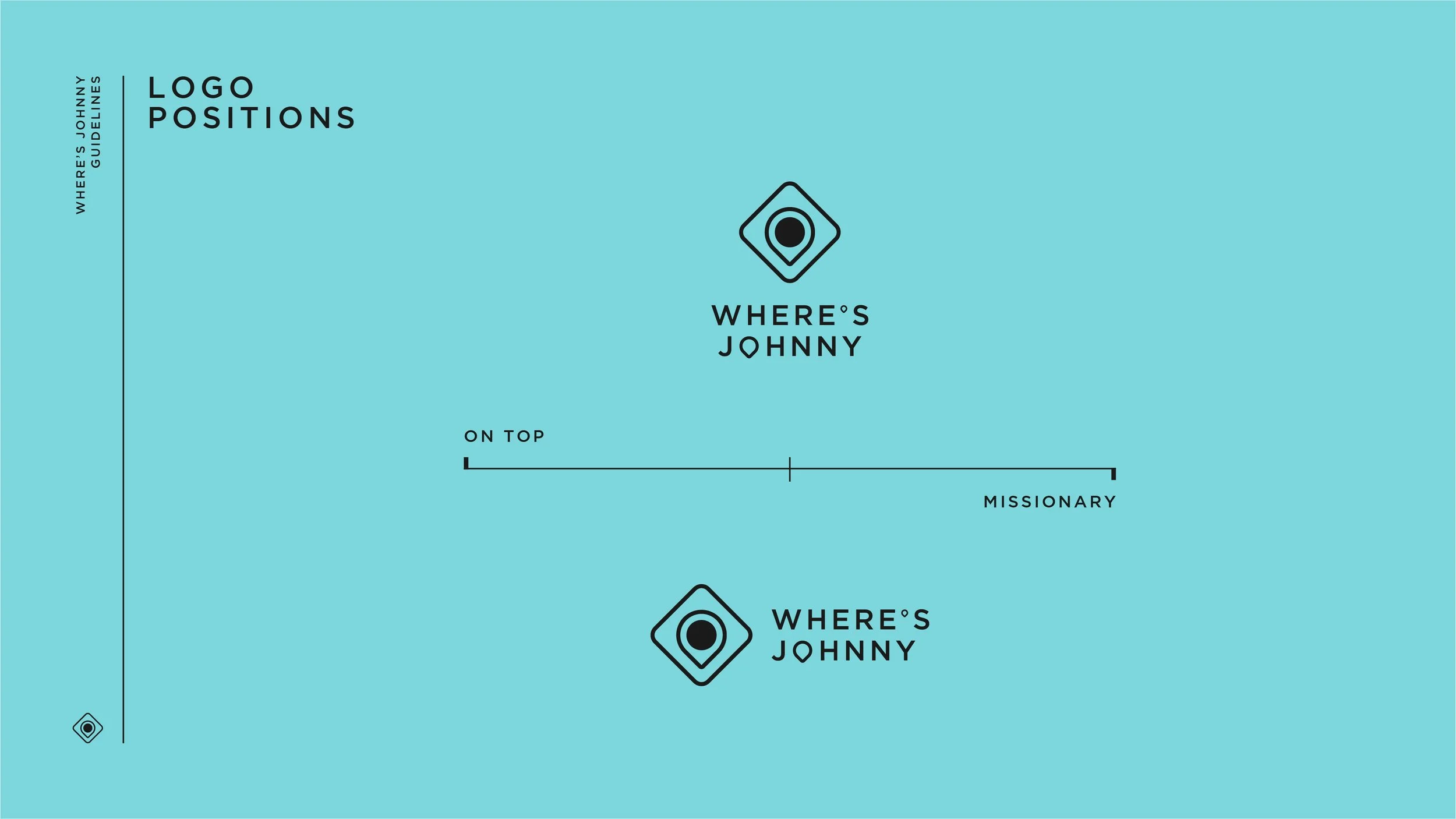 Design guide for the logo positions of 'Where's Johnny,' showing logo placement on top for missionary and bottom for other context, with blue background and black text.