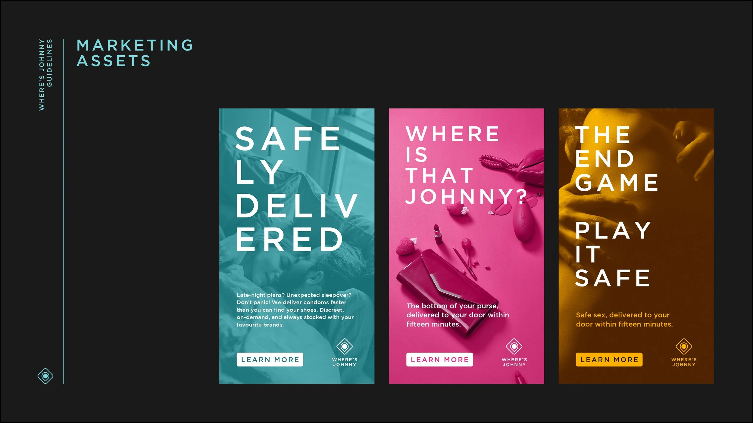 Three colorful marketing advertisements for delivery services, featuring blue, pink, and orange backgrounds with text overlays and images of products.