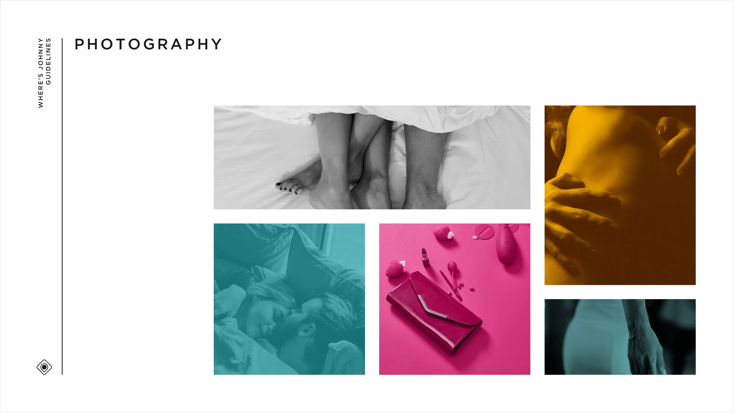 A collage of five images related to photography: top center shows two people cuddling in bed, black and white; top right shows a woman with hands on her stomach, yellow tone; bottom left shows a woman and man sleeping together, teal tone; bottom cent