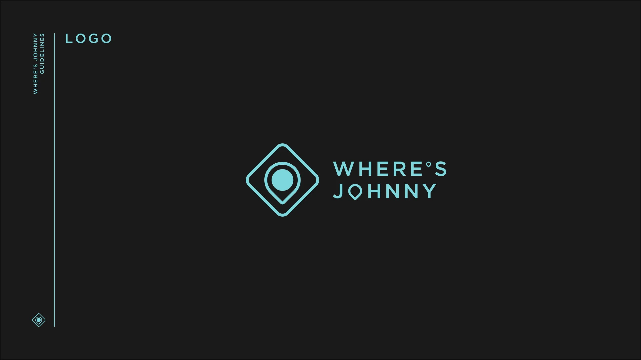 A dark-themed website homepage for 'Where's Johnny' featuring a logo, a stylized map marker within a diamond shape, and blue text that reads 'Where's Johnny' with a location pin icon replacing the dot in the 'o'.