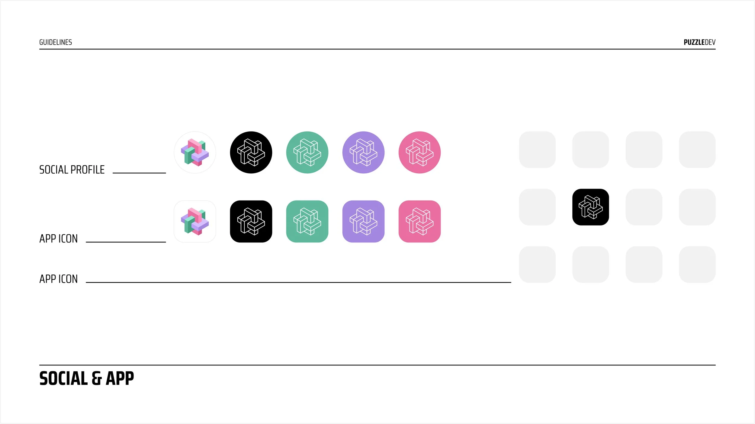 A chart comparing social profile icons and app icons, with rows for social profile and app icon, each having color-coded icons, and a grid of empty squares to place the icons.