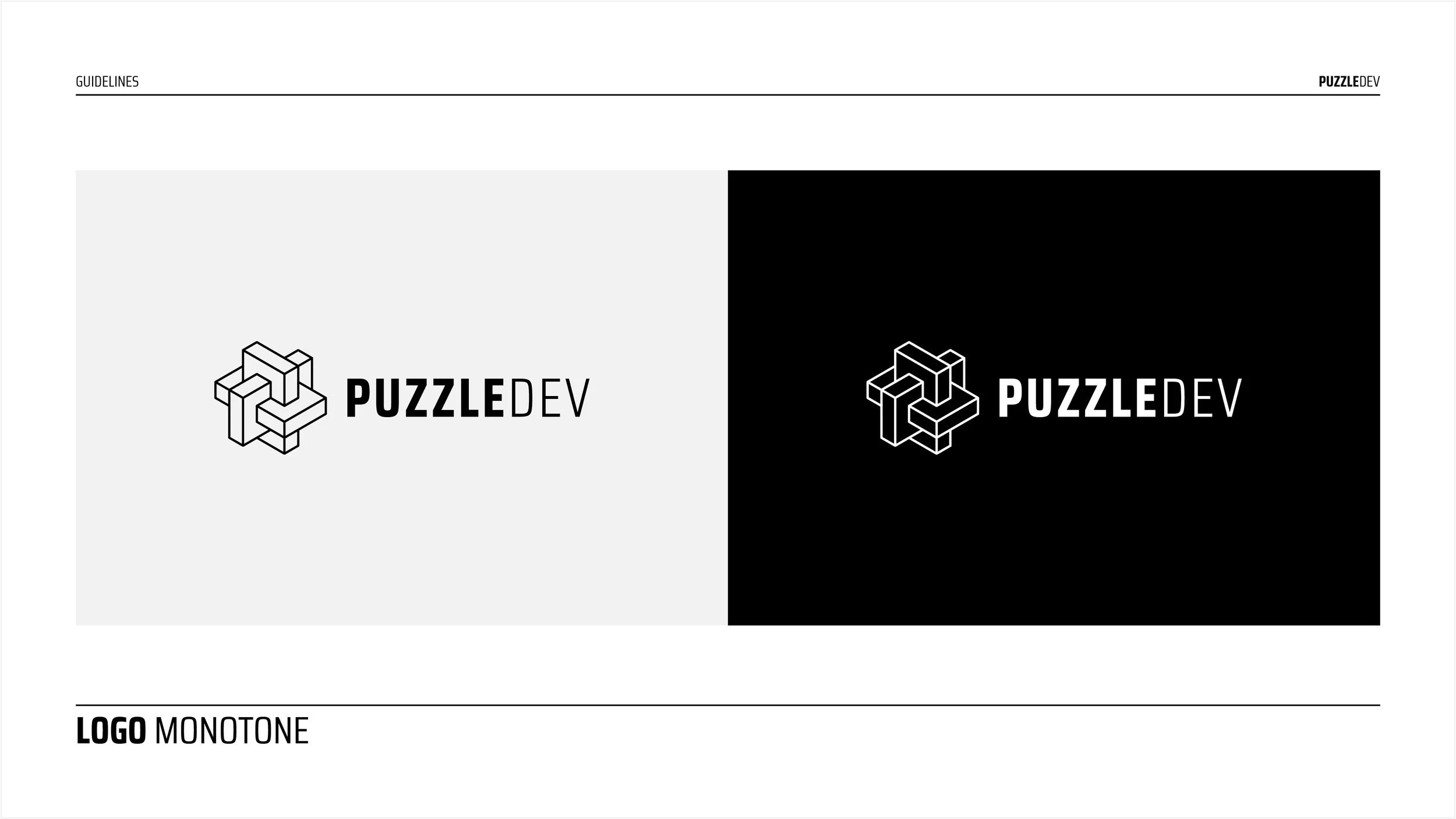 Black and white logo options for PuzzleDev, featuring a geometric interlocking cube design with the text 'PUZZLEDEV', one on a light gray background and the other on a black background.