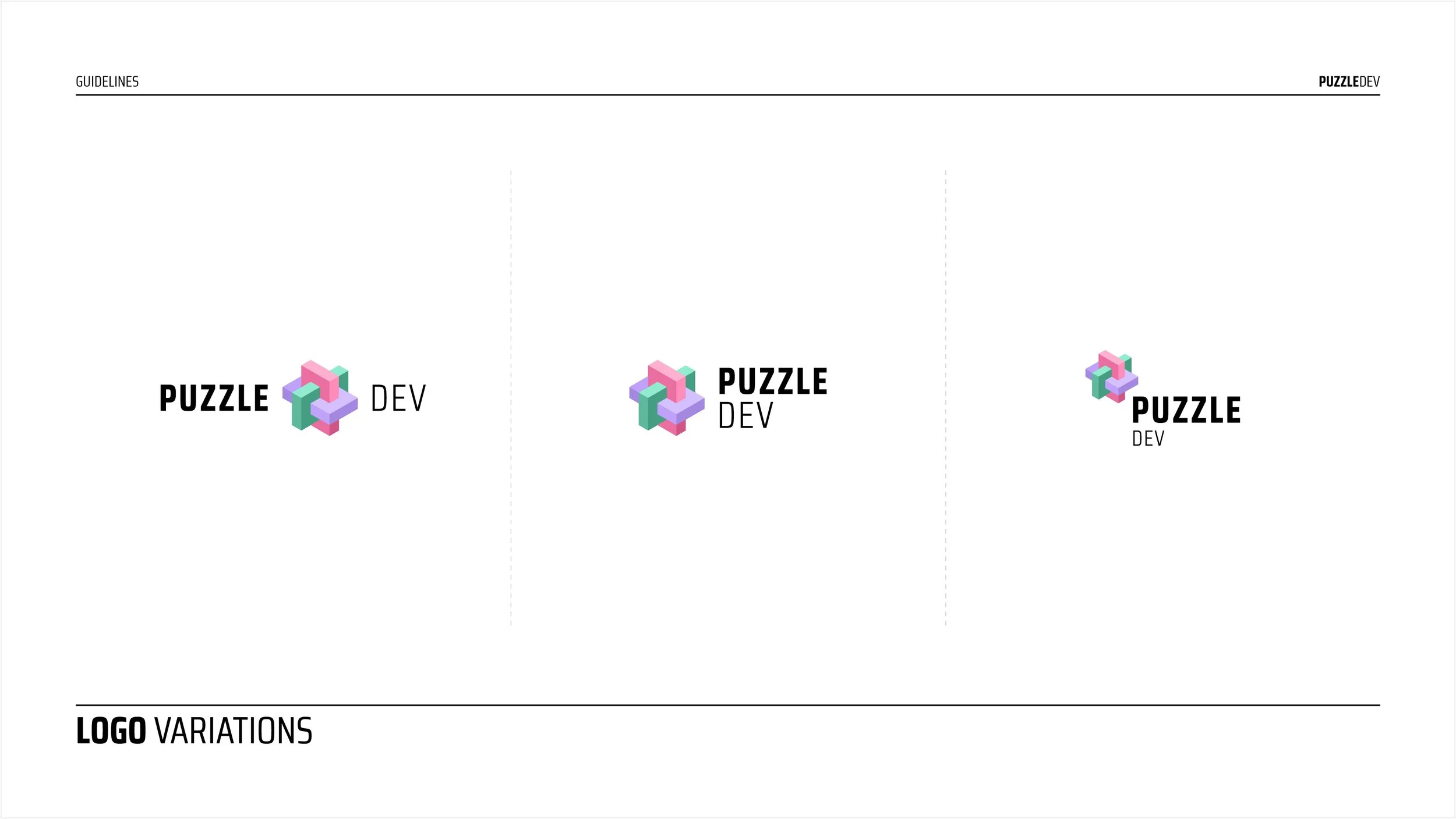 Three variations of a logo for 'Puzzle Dev', each featuring a 3D geometric puzzle piece icon in pastel colors, with the words 'PUZZLE DEV' beside or below the icon.