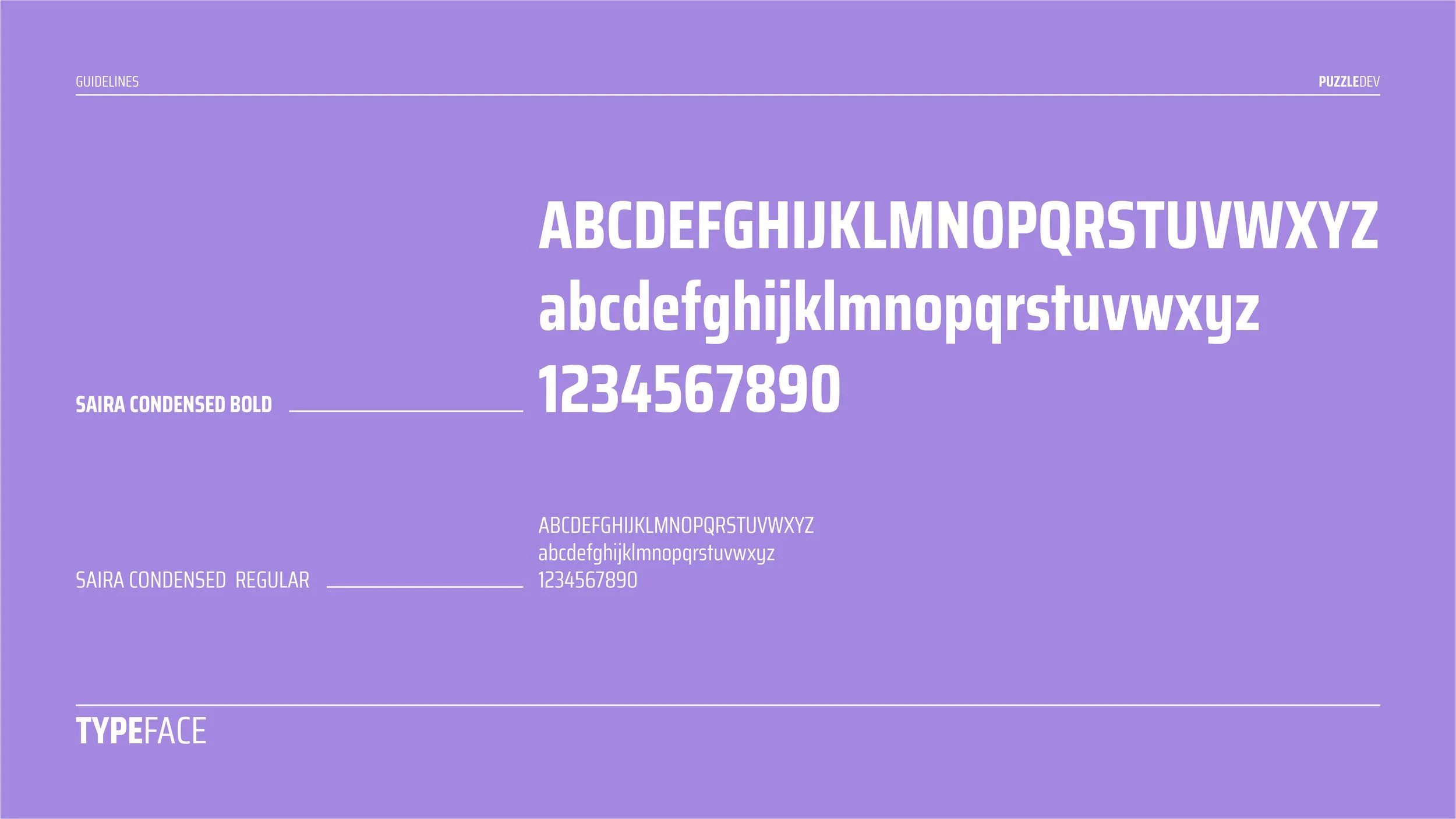 A purple background displaying a font style guide with sample uppercase and lowercase letters, numbers, and font names, including 'SAIRA Condensed Bold' and 'SAIRA Condensed Regular'. Text in white and pink highlights.