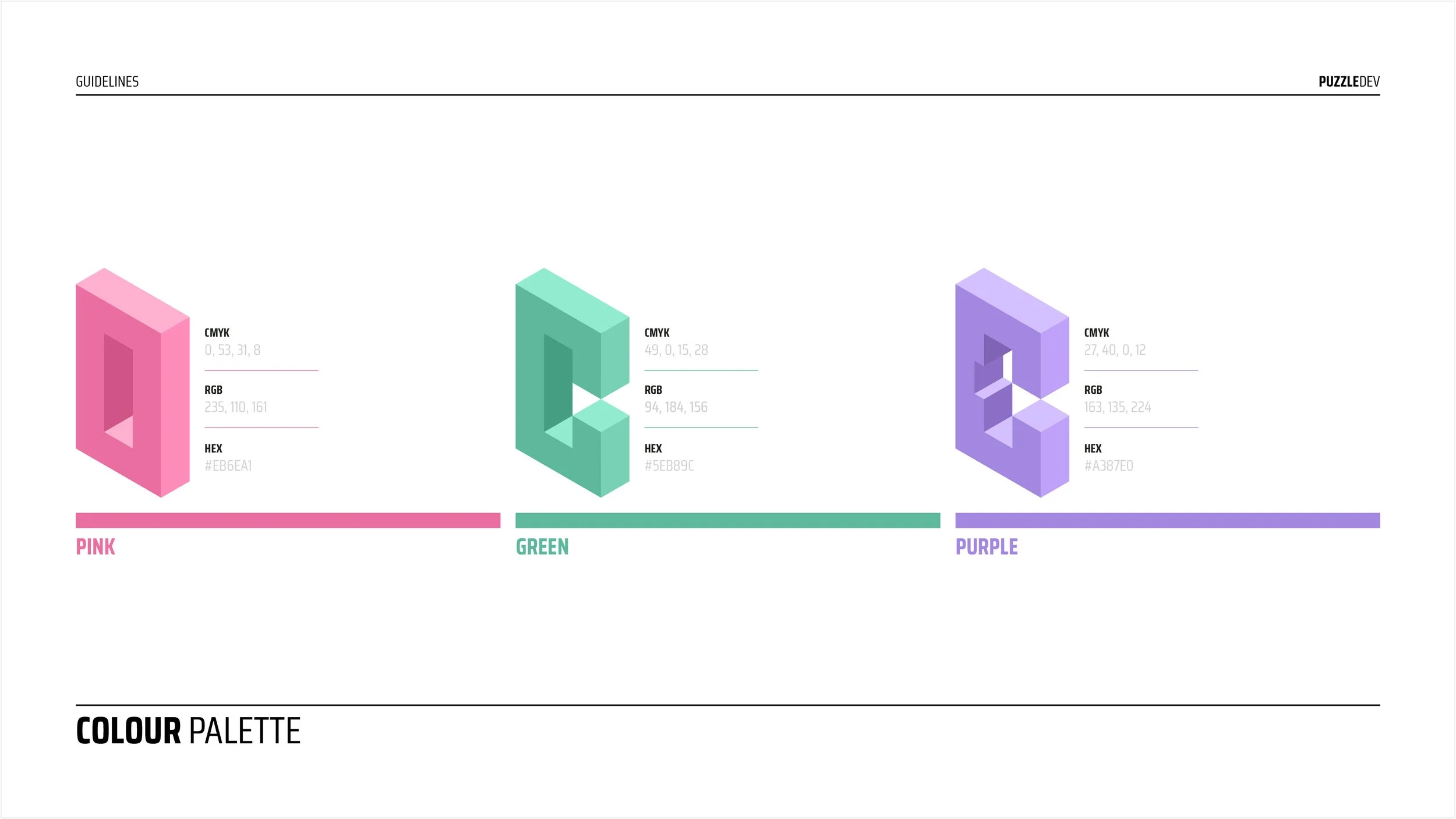 The image displays a color palette with three sections labeled Pink, Green, and Purple, each containing a geometric 3D shape along with color codes in CMYK, RGB, and HEX formats.