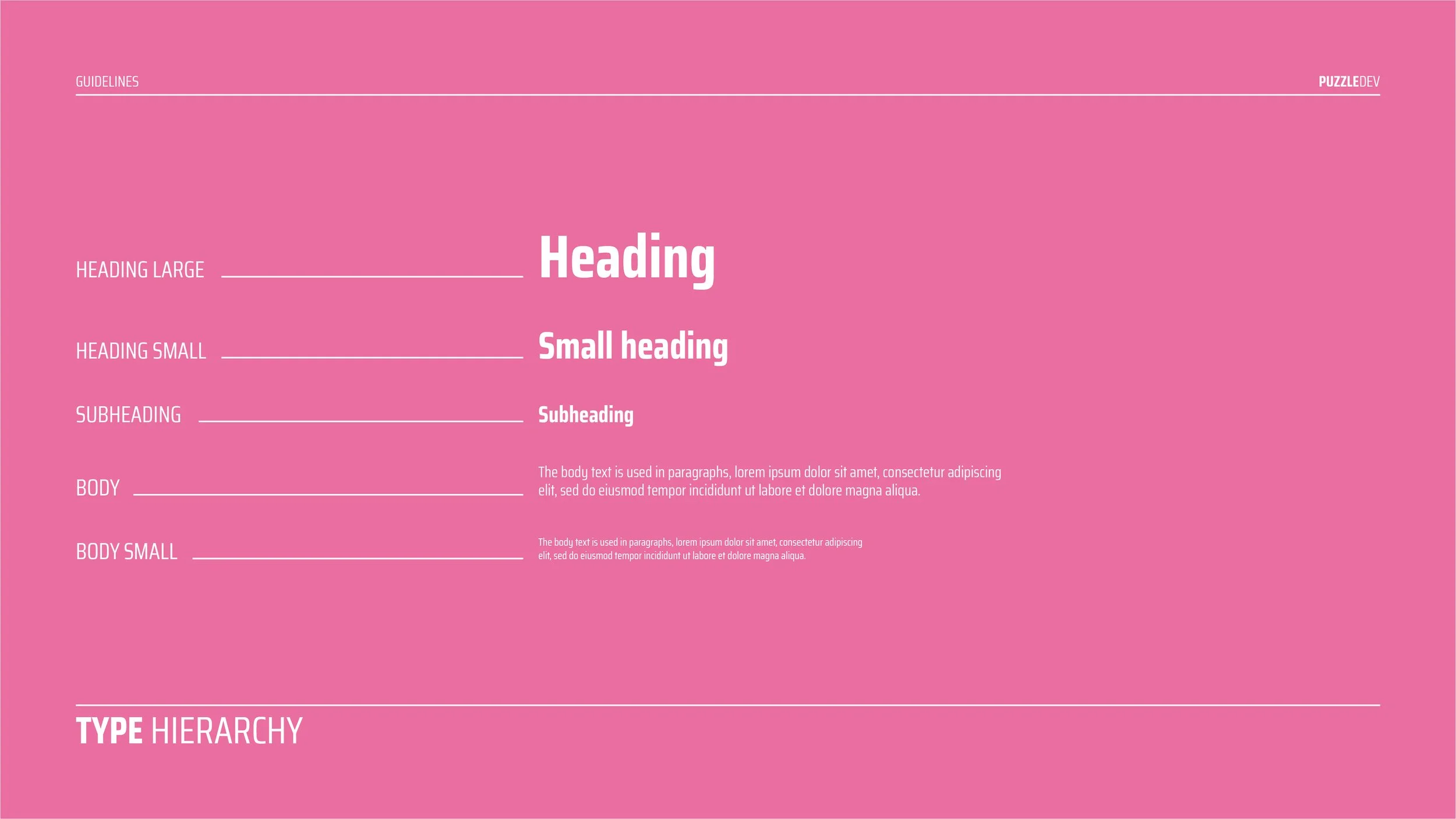 A pink infographic with text demonstrating a hierarchy of text styles, including large heading, small heading, subheading, and body text, with sample placeholder text and labels for each style.