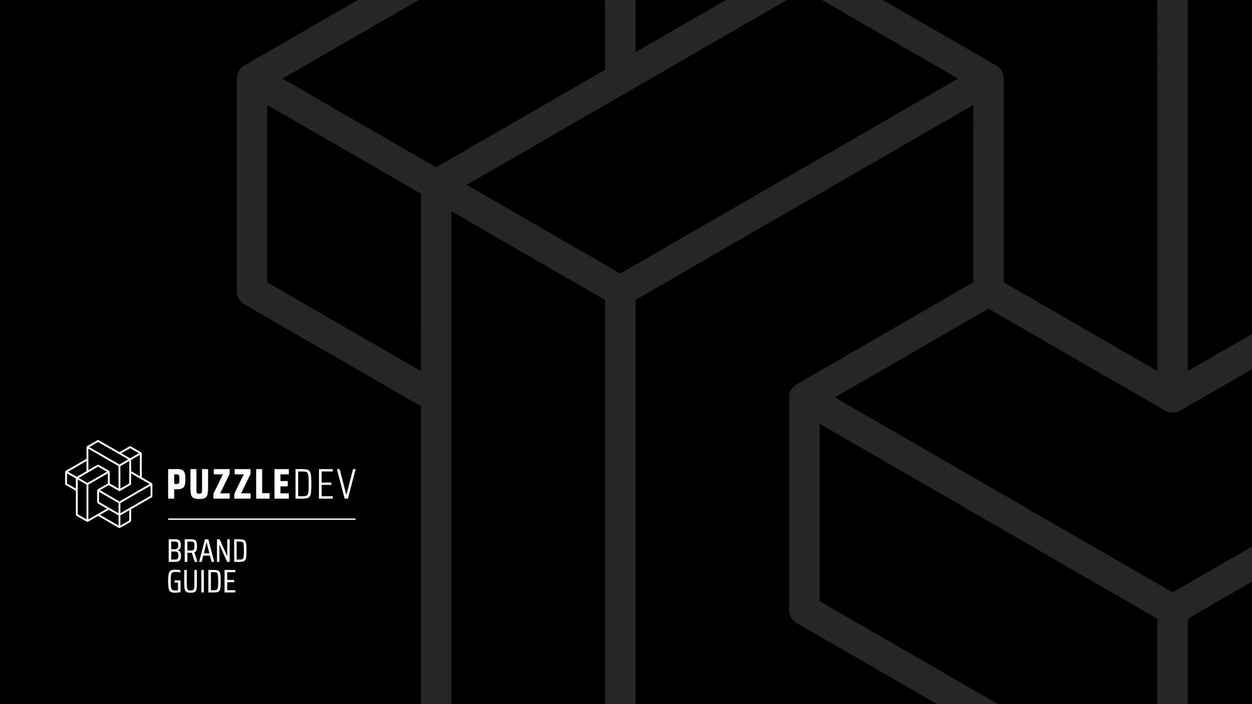 PUZZLEDEV brand guide cover with black background and gray outline of puzzle pieces.