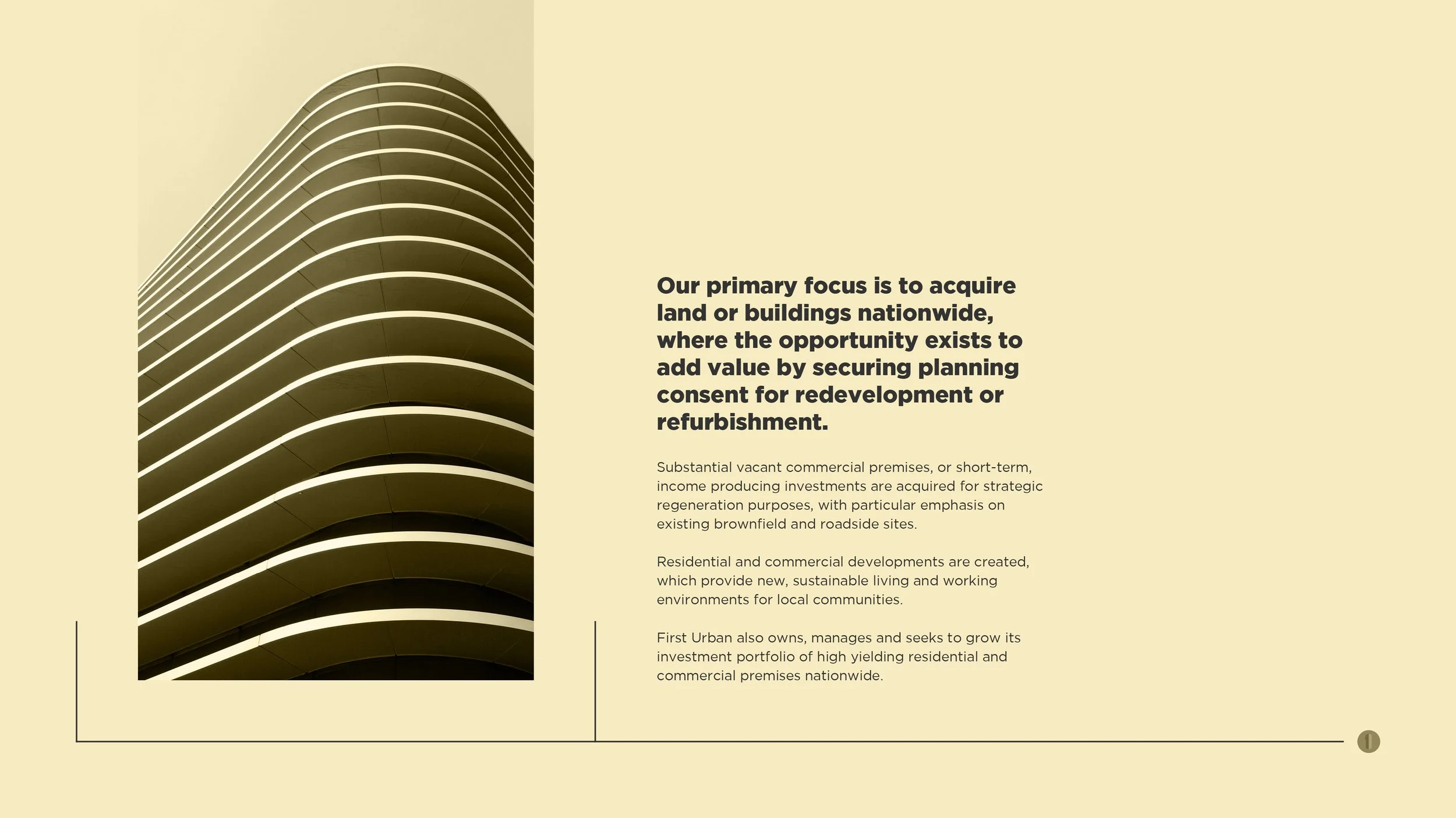 A modern, curved building with multiple levels and horizontal white accents, set against a neutral background, accompanying text about land or building acquisitions and development strategies.