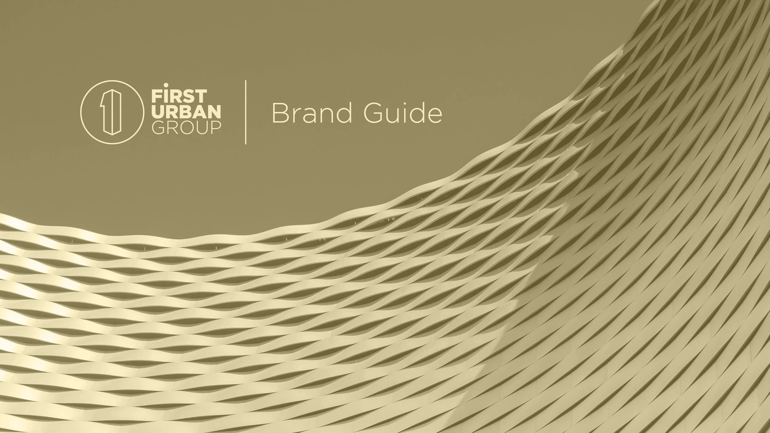 Cover page of First Urban Group brand guide featuring a beige background with a textured, curved pattern on the right side and the company logo on the upper left