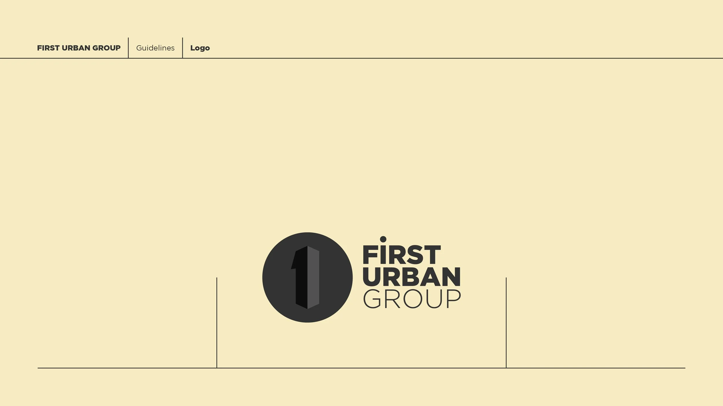Design template for First Urban Group, featuring a beige background, black text, and logo with the number 1 inside a black circle, and menu options labeled Guidelines and Logo at the top.