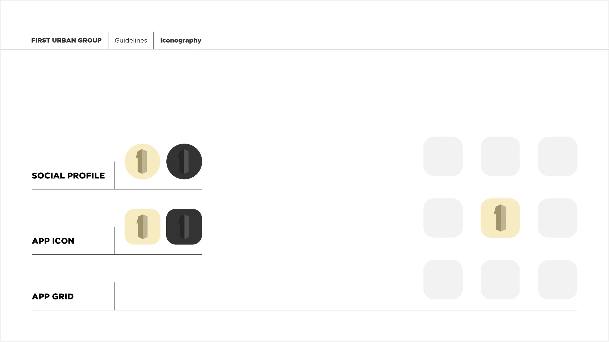 A guide for iconography showing social profile, app icon, and app grid with numbered icons in beige and black colors.