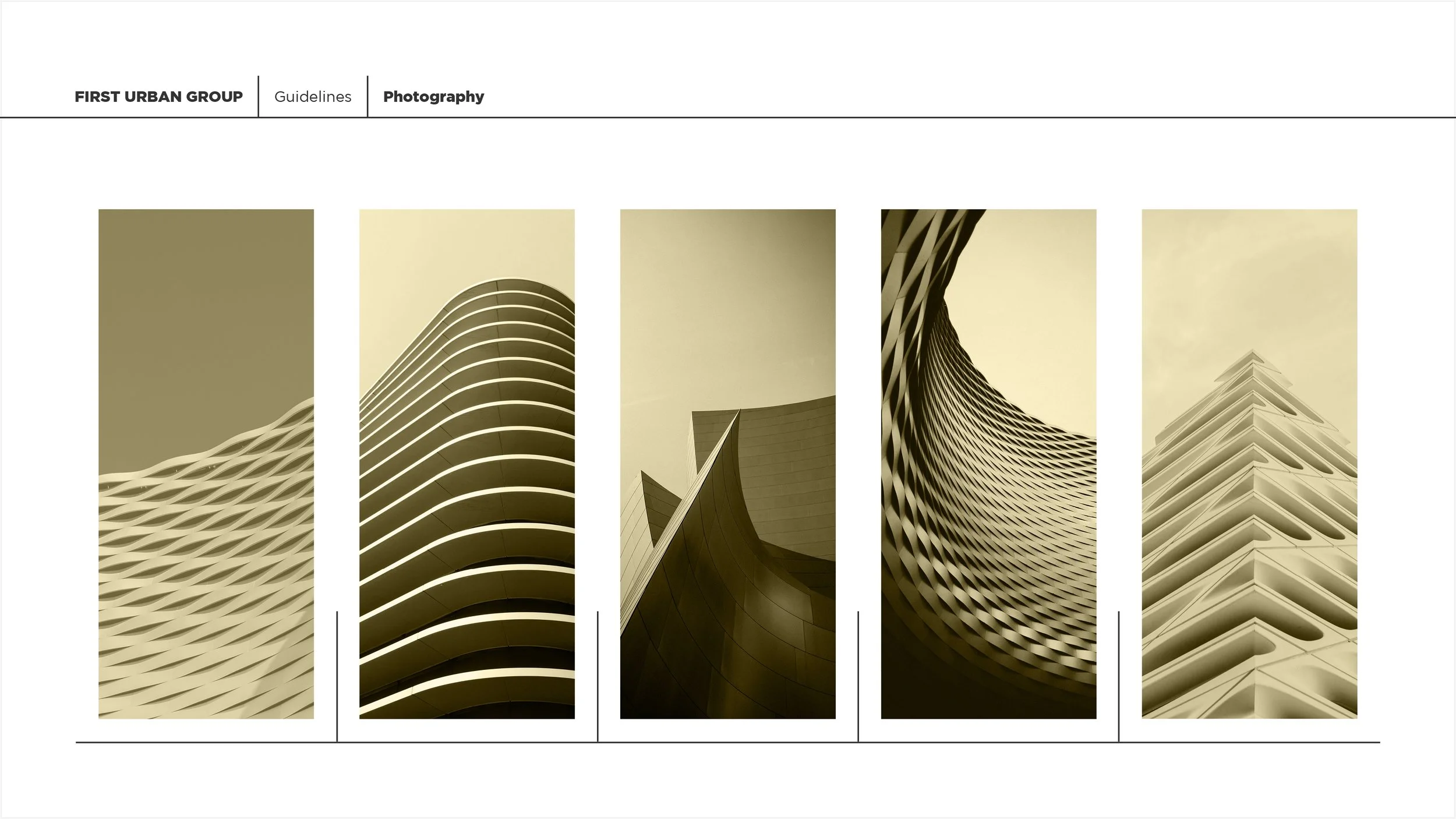 Photographs of modern architectural buildings with unique designs, shown in a vertical strip format with a monochromatic color scheme.
