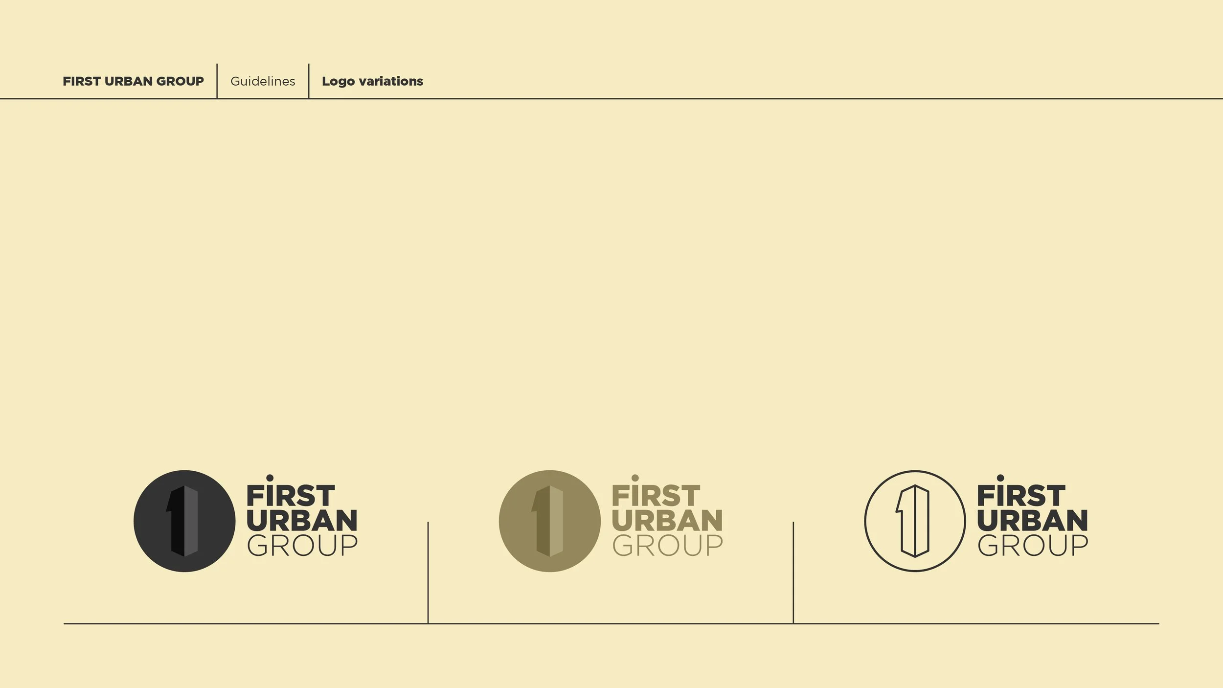 Three variations of the logo for First Urban Group on a beige background. The first logo is a black circle with a stylized number 1 inside, next to the text 'FIRST URBAN GROUP' in bold. The second logo is a gold circle with a stylized number 1,, with