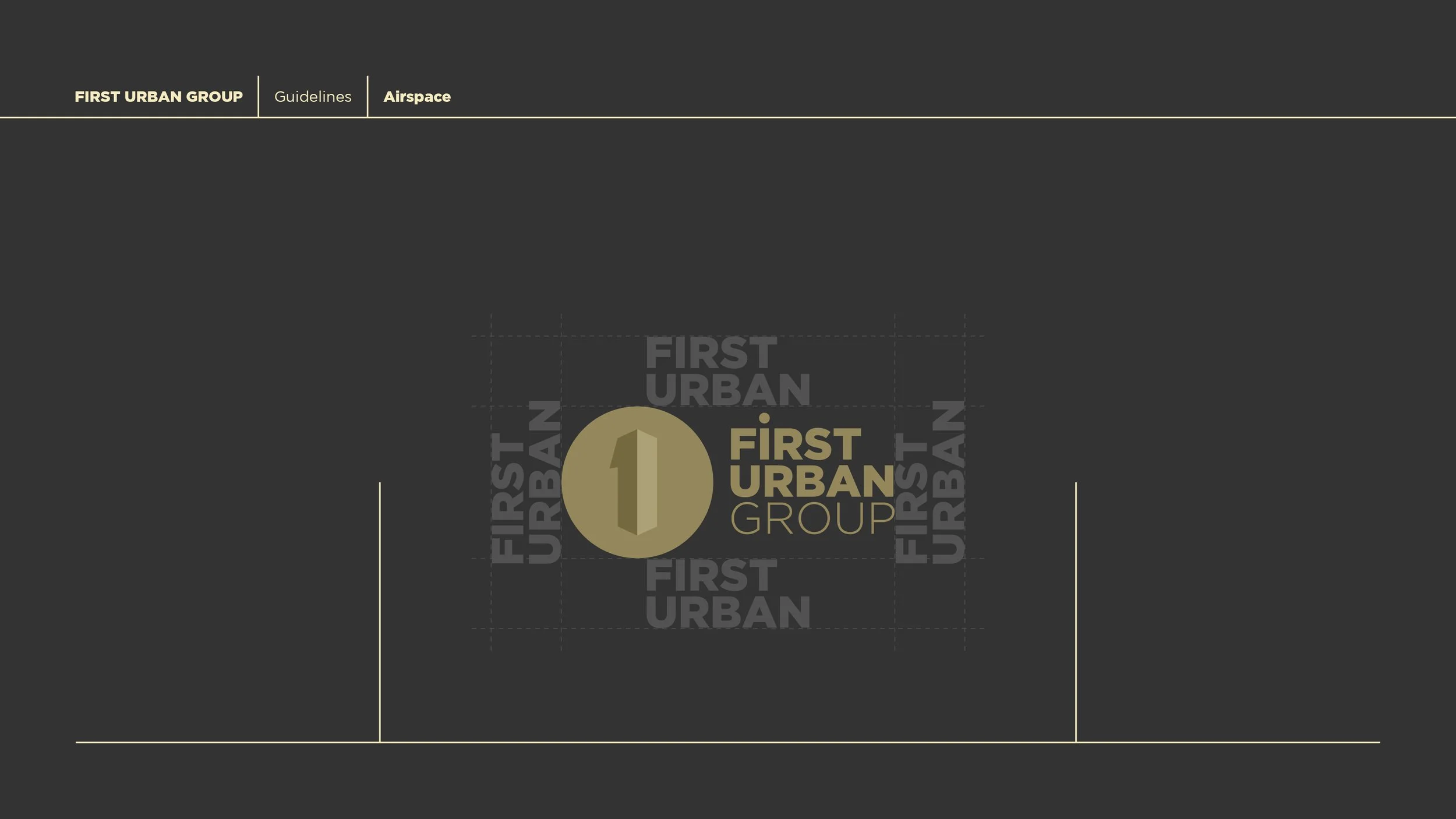 Logo with the text 'First Urban Group' and a large gold '1' inside a circle, repeated in a grid pattern on a dark background, with navigation links labeled 'Guidelines' and 'Airspace' at the top.